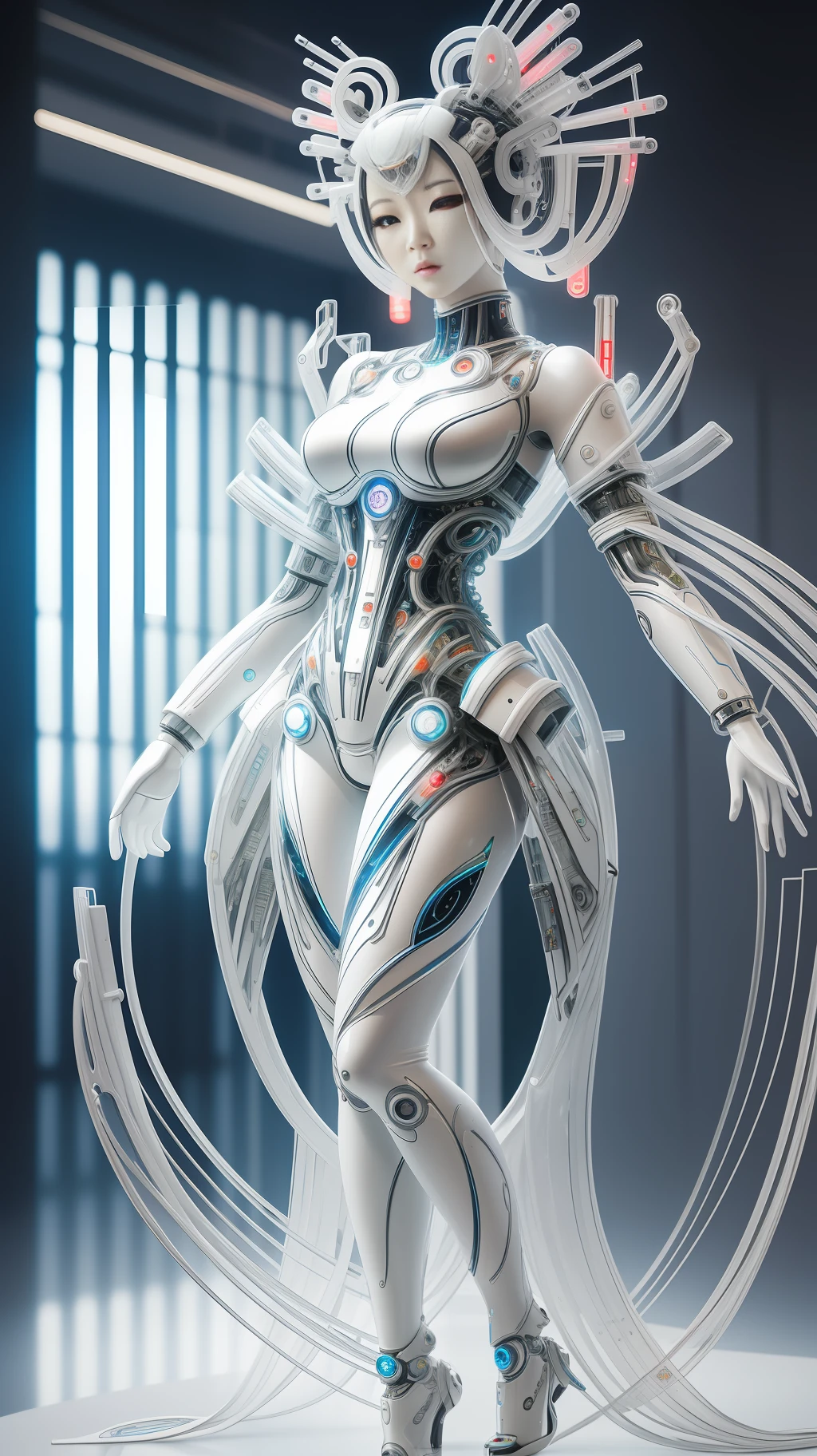 A full body photograph of Japanese female android made of transparent glass, white and silver plastic, geisha makeup and hairstyle, silver metal internal mechanisms, dynamic pose, flowing organic construction, detailed designs, glowing colorful circuitry, colorful neon trim, art by H.R. Giger, Greg Rutowski