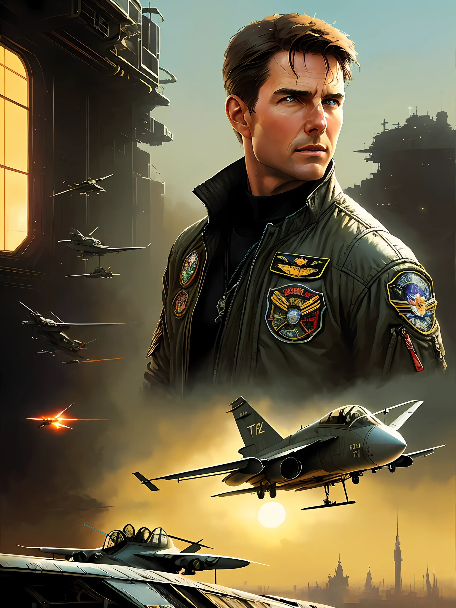 Tom Cruise of Top Gun, vhs effect, (poster: 1.2), poster on the wall, nostalgia, movie poster, (skin texture), intricately detailed, fine details, hyperdetailed, ray tracing, subsurface scattering, diffuse soft lighting, F-14 Tomcat airplanes detailed in the background, shallow depth of field, by (Oliver Wetter) majestic professional oil painting by Ed Blinkey, Atey Ghailan,  Studio Ghibli, by Jeremy Mann, Greg Manchess, Antonio Moro, trend at ArtStation, trend at CGSociety, Intricate, High Detail, Sharp focus, dramatic painting and photorealistic art of (greg rutkowski:1.4), bokeh