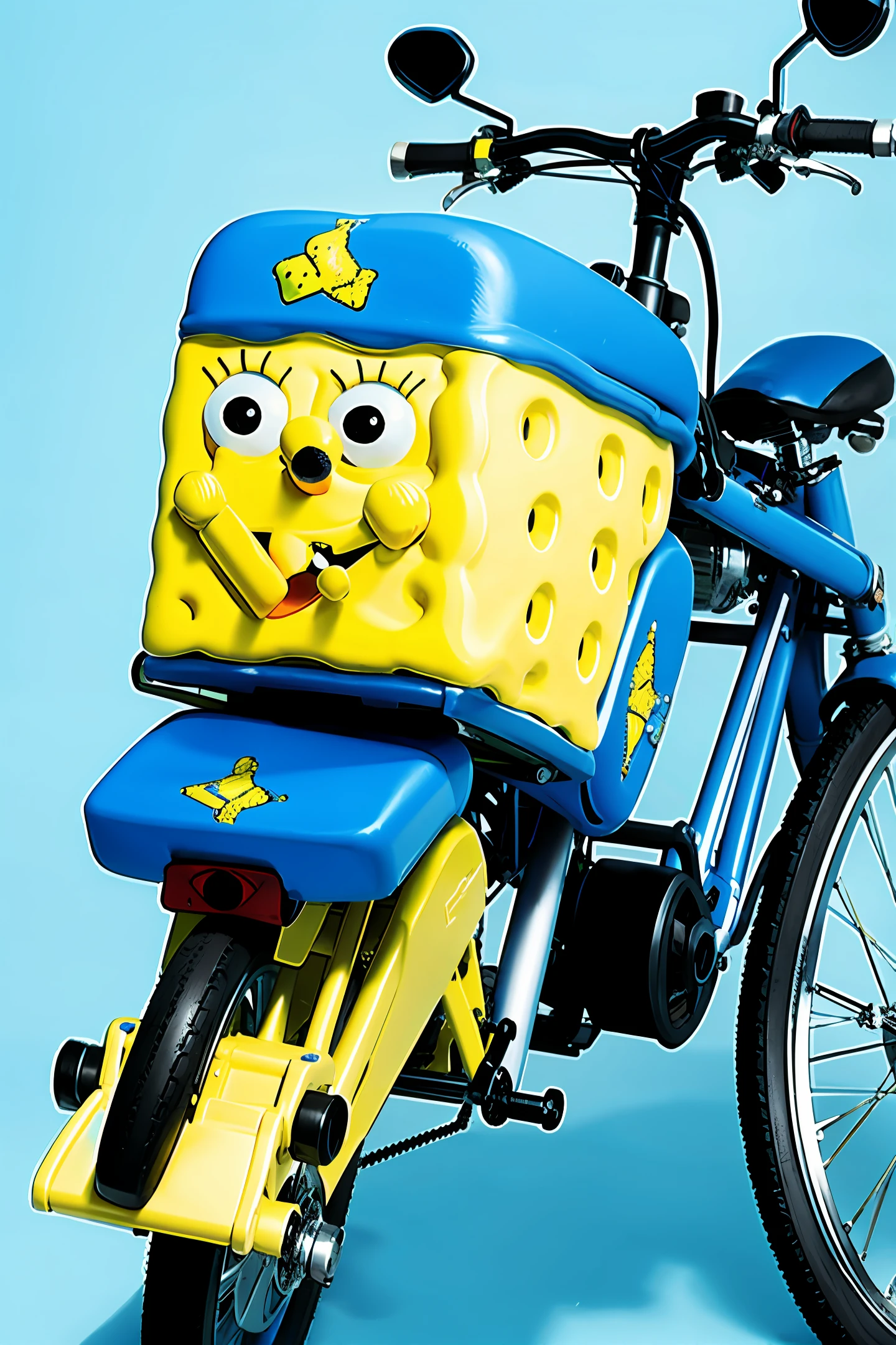 SpongeBob blue background riding motorcycle