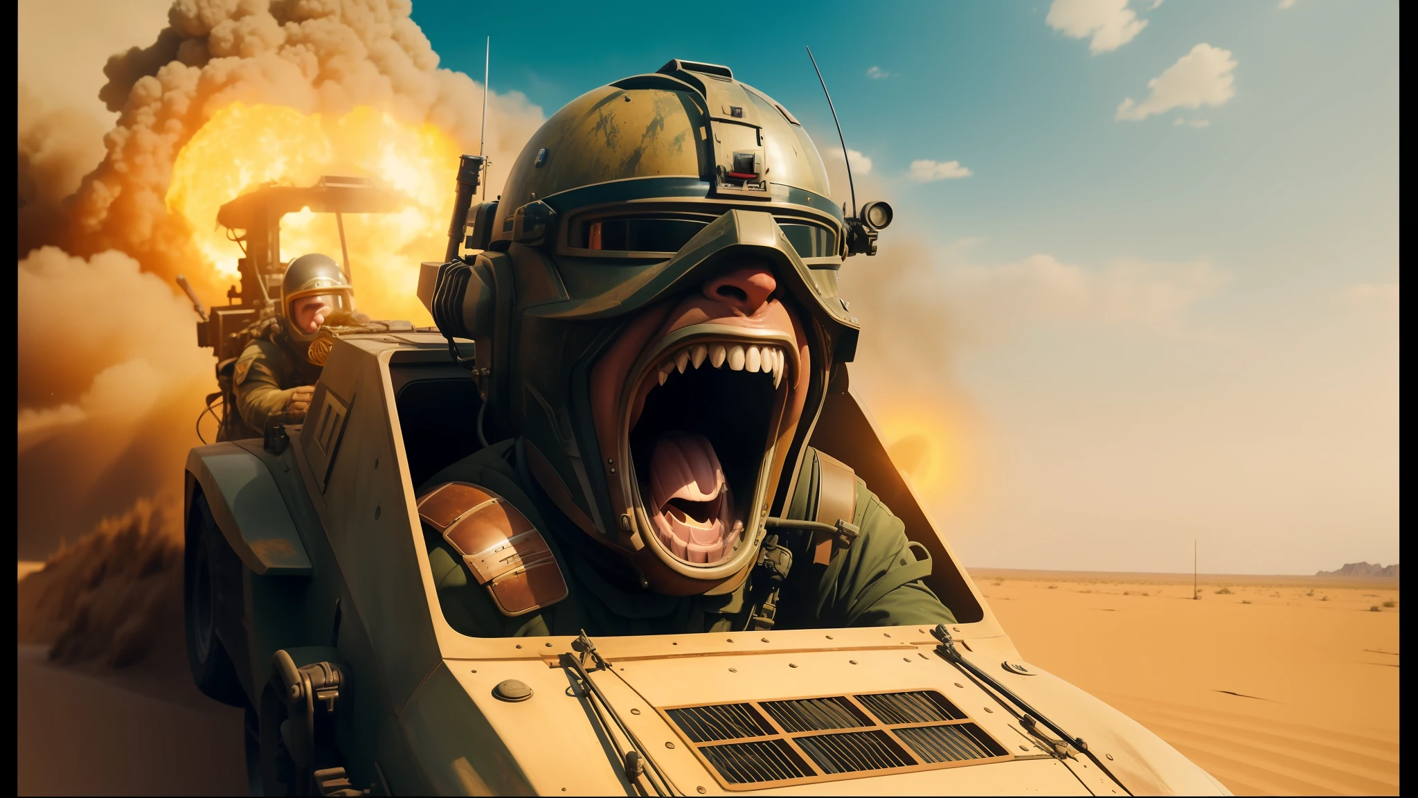 there is a man in a tank with a large mouth, trending on cgsociety art, extreme panoramic, cinematic action shot, helmets, mad magazine aesthetic, painted todd lockwood, screaming face, 2 0 1 5 cinematography, desert!!!, [ metal ], pilot, telegram sticker, still image from the movie, skydsgaard, james gurney brom, epic action shot