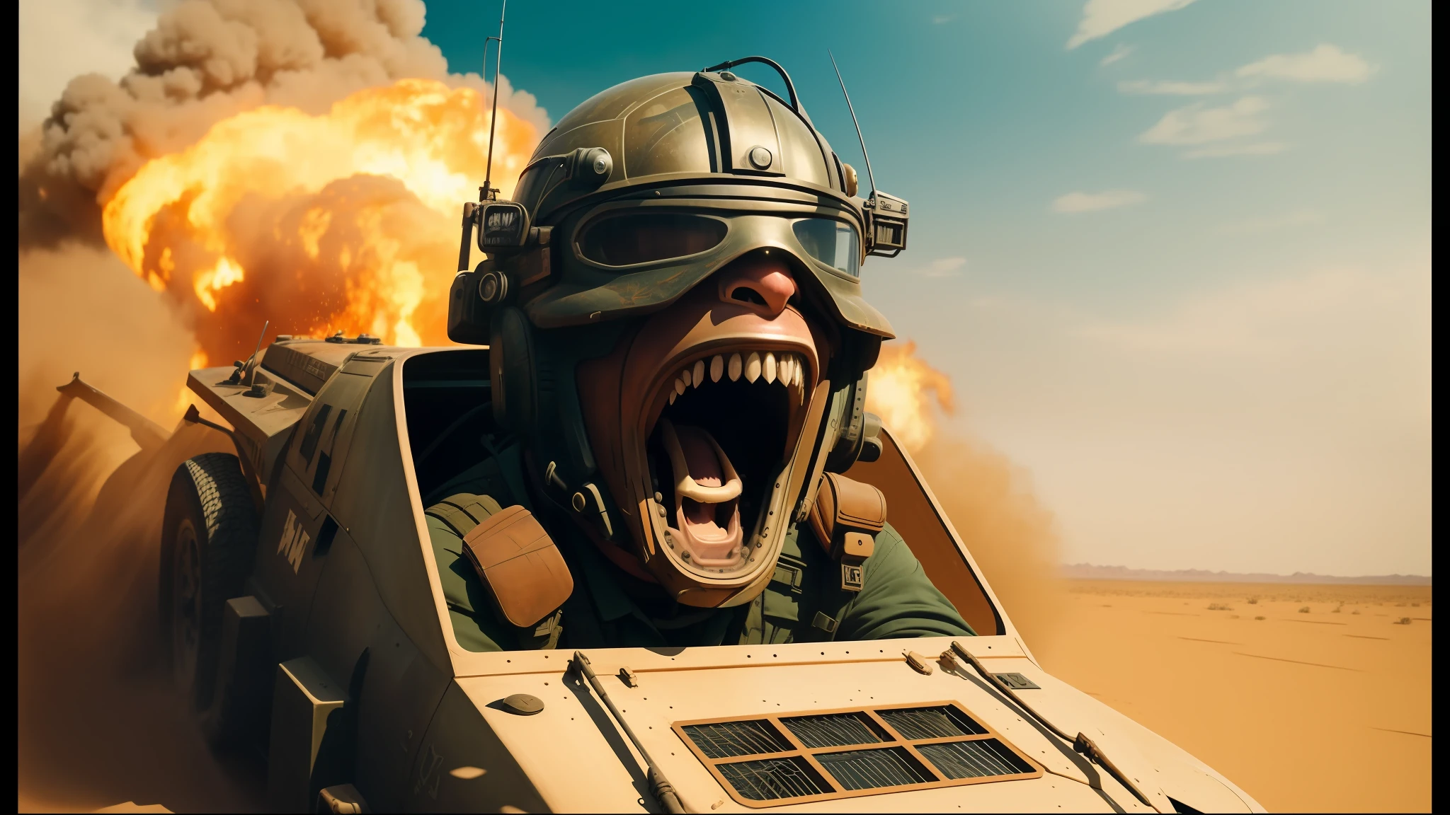 there is a man in a tank with a large mouth, trending on cgsociety art, extreme panoramic, cinematic action shot, helmets, mad magazine aesthetic, painted todd lockwood, screaming face, 2 0 1 5 cinematography, desert!!!, [ metal ], pilot, telegram sticker, still image from the movie, skydsgaard, james gurney brom, epic action shot