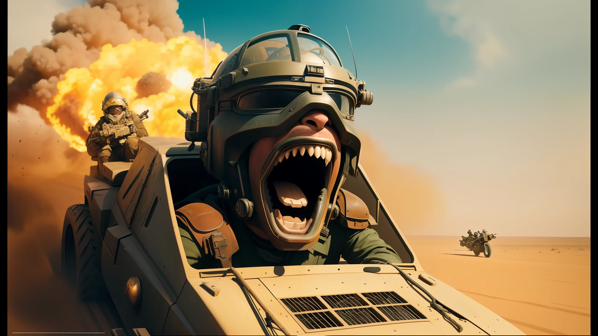 there is a man in a tank with a large mouth, trending on cgsociety art, extreme panoramic, cinematic action shot, helmets, mad magazine aesthetic, painted todd lockwood, screaming face, 2 0 1 5 cinematography, desert!!!, [ metal ], pilot, telegram sticker, still image from the movie, skydsgaard, james gurney brom, epic action shot