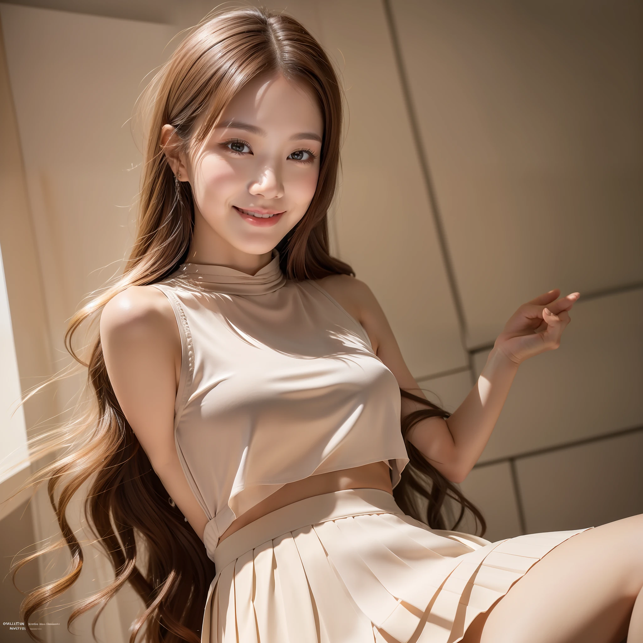 One girl, masterpiece, top light, highlight light, smile, brown delicate delicate long hair, pleated skirt, big without leakage, high resolution facial features, 8K, double eyelids, delicate and delicate facial features, whitened skin, indoor