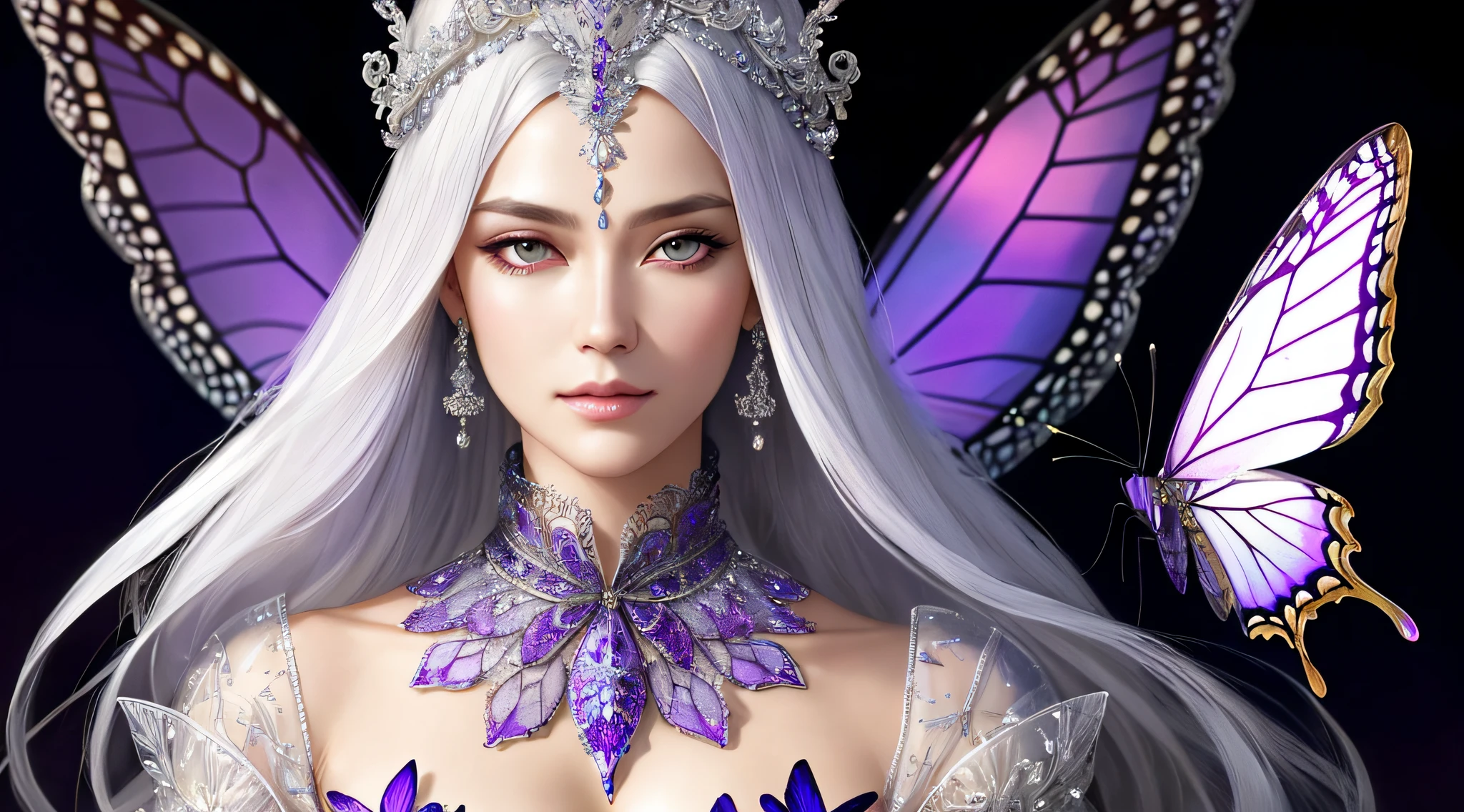 a Full Body Portrait of a Beautiful Queen with Silver Hair, 8k Intricate, Elegant, Highly Detailed, Majestic, Digital Photography, Art by Artgerm and Ruan Jia and Greg Rutkowski Surreal Painting of Filigree Purple Butterfly, Broken Glass (Masterpiece, Side Lighting, Beautiful Finely Detailed Eyes: 1.2), HDR