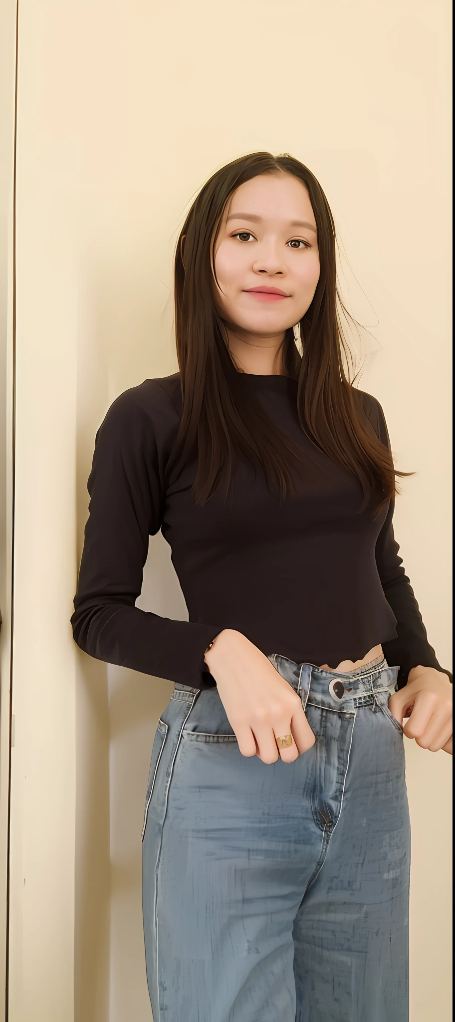 arafed woman in a white shirt and jeans standing against a wall, white top, white sweater, wearing a white sweater, 2 4 year old female model, wearing a sexy cropped top, wearing a white shirt and jeans, wearing a cute top, thin waist, wearing a white sweater, wearing crop top, thin-waist, wearing a white shirt