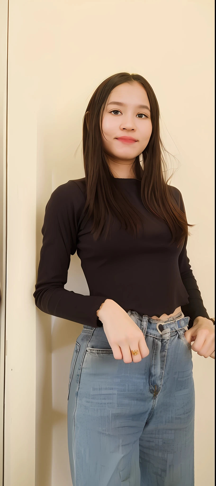 arafed woman in a white shirt and jeans standing against a wall, white top, white sweater, wearing a white sweater, 2 4 year old female model, wearing a sexy cropped top, wearing a white shirt and jeans, wearing a cute top, thin waist, wearing a white sweater, wearing crop top, thin-waist, wearing a white shirt