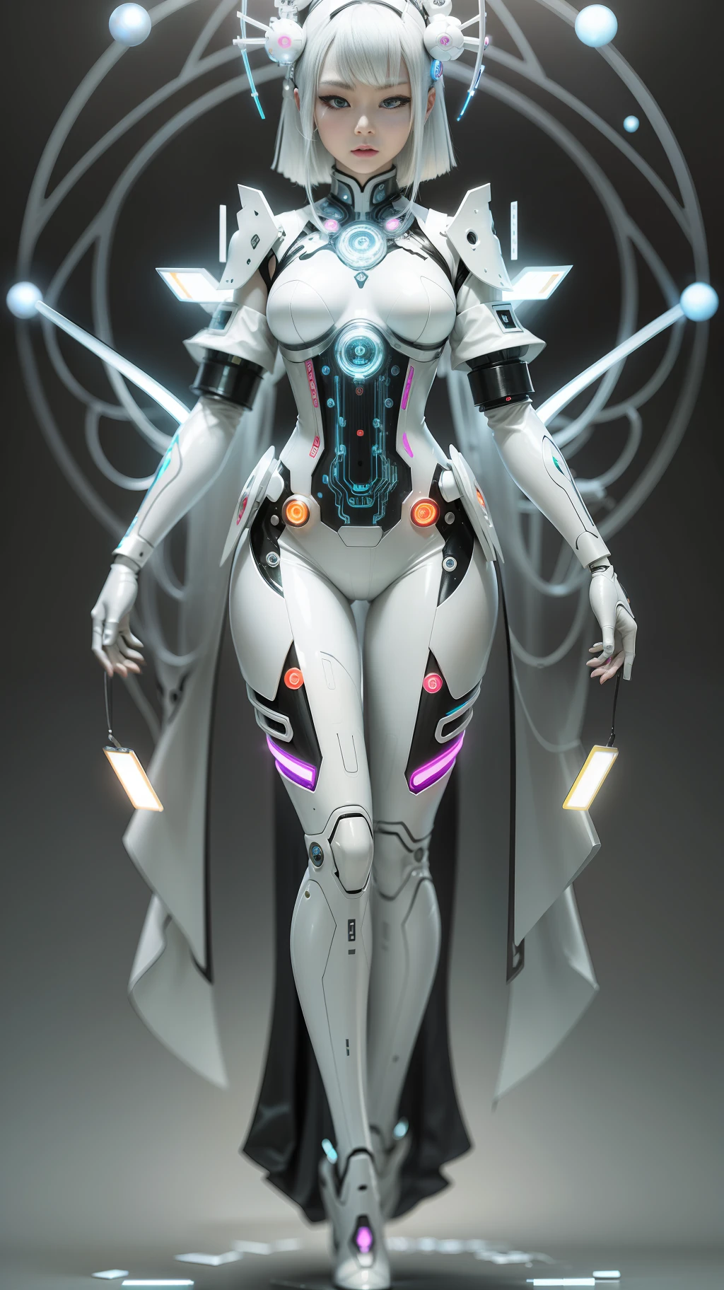 A full body photograph of Japanese female android made of transparent glass, white and silver plastic, geisha makeup and hairstyle, silver metal internal mechanisms, dynamic pose, flowing organic construction, detailed designs, glowing colorful circuitry, colorful neon trim, art by H.R. Giger, Greg Rutowski