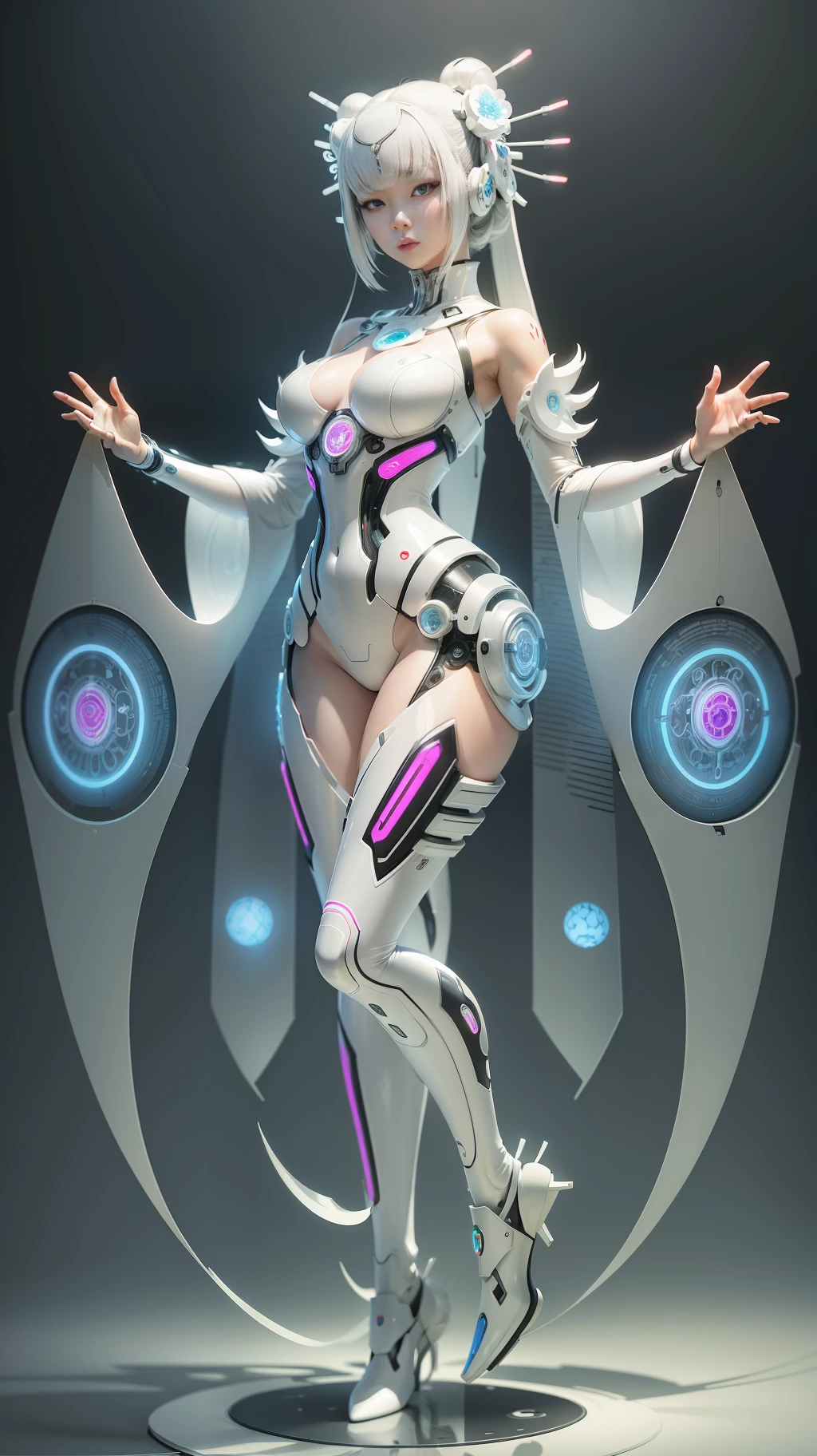 A full body photograph of Japanese female android made of transparent glass, white and silver plastic, geisha makeup and hairstyle, silver metal internal mechanisms, dynamic pose, flowing organic construction, detailed designs, glowing colorful circuitry, colorful neon trim, art by H.R. Giger, Greg Rutowski