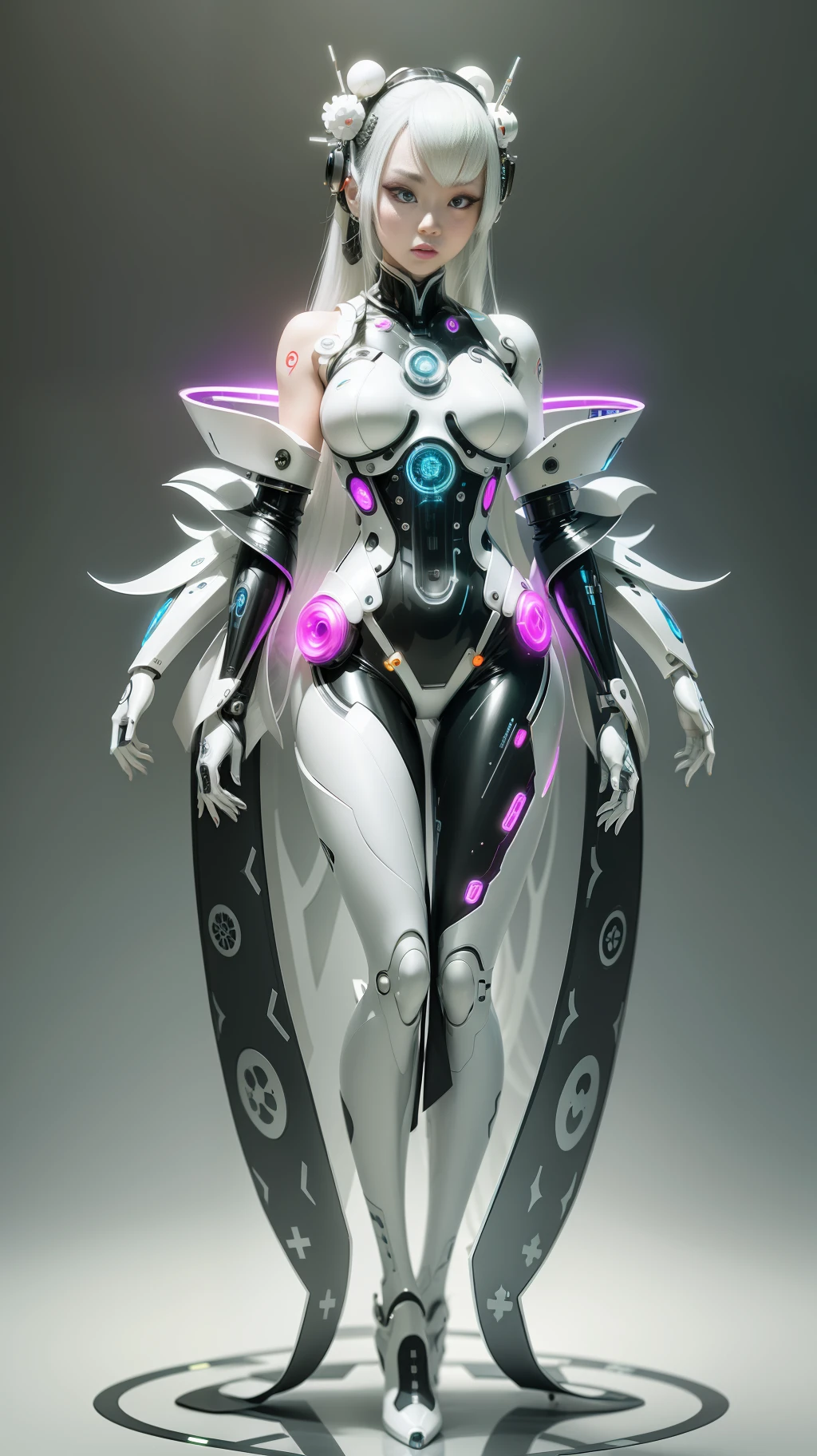 A full body photograph of Japanese female android made of transparent glass, white and silver plastic, geisha makeup and hairstyle, silver metal internal mechanisms, dynamic pose, flowing organic construction, detailed designs, glowing colorful circuitry, colorful neon trim, art by H.R. Giger, Greg Rutowski