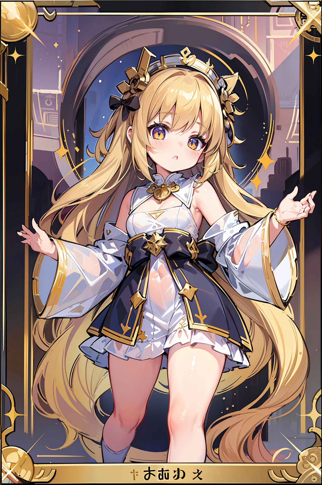 (MASTERPIECE), (Best Quality), (Ultra Detail), Official Art, One Girl, Golden Haired Loli, Petite  Girl, Saint Loli, Priestess, White and Gold See-Through Dress, Sleeveless, Off Shoulder, Small, Very Small, Small, Cleavage, Underboob, Thigh Focus, Card Illustration, Temple