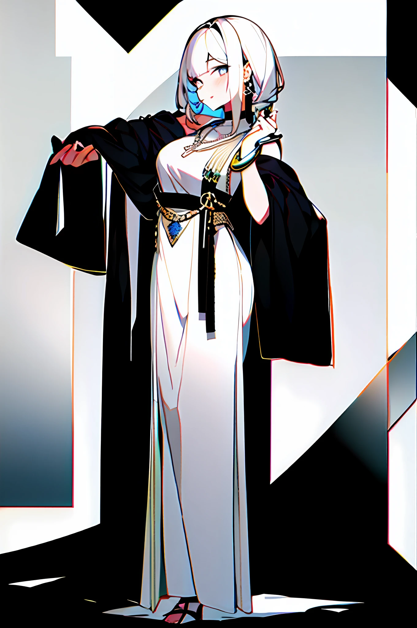 Greek style clothes, girl, white medium hair, black and white double eyes, gemstone jewelry, snake eyes, HD standing painting, full body standing painting, symmetrical standing painting