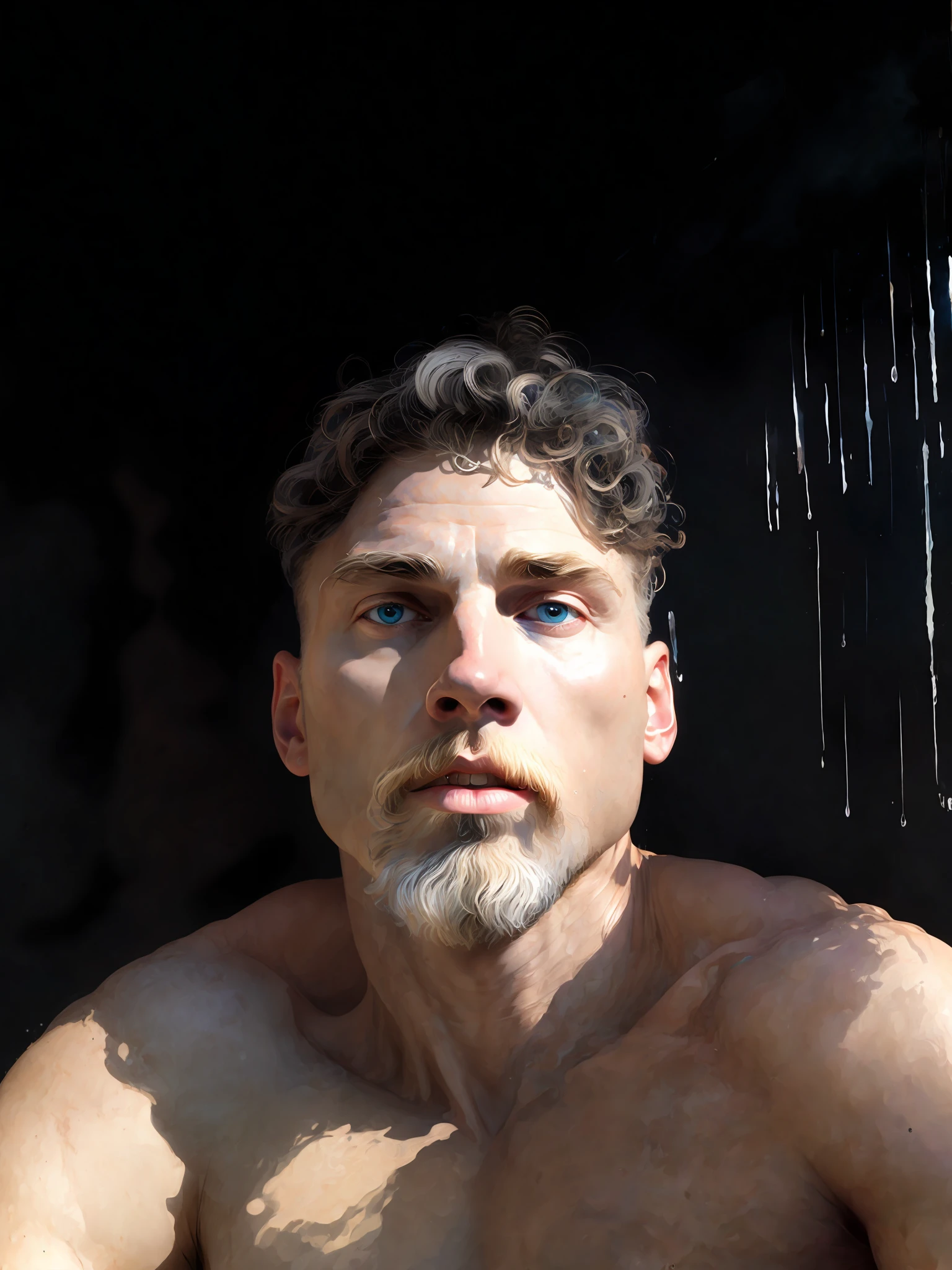 painted portrait of stout zeus, god of thunder, greek god, blond hair, male, mature, handsome, upper body, muscular, hairy torso, fantasy, intricate, elegant, highly detailed, digital painting, art station, concept art, soft, sharp focus, illustration, art by Gaston Bussiere and Alphonse Mucha