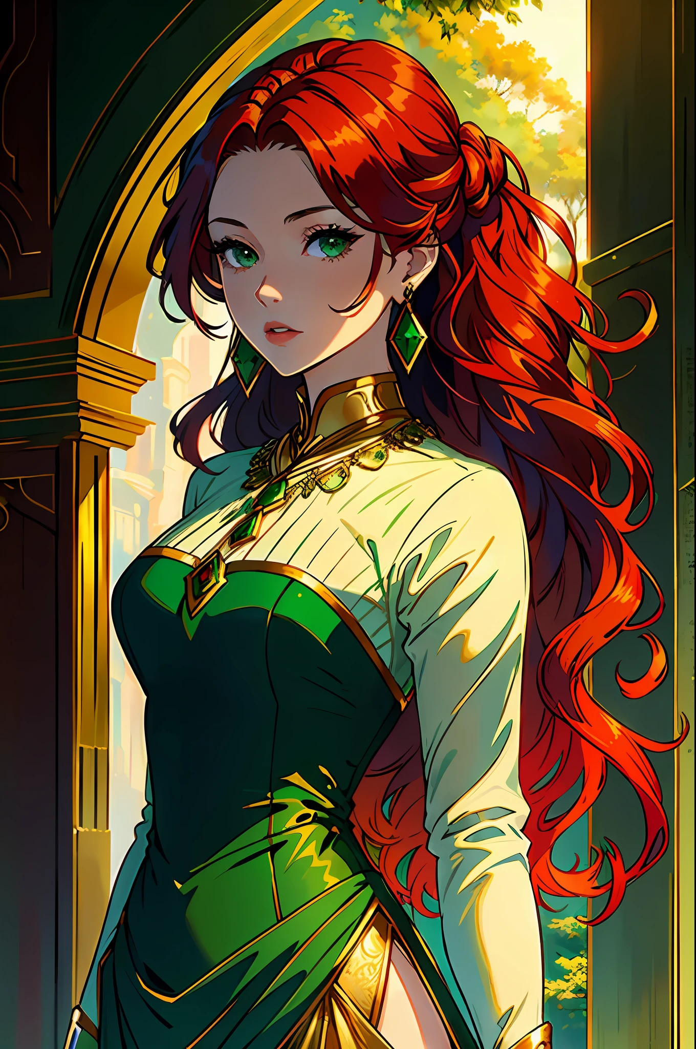 (best quality, masterpiece), portrait, 1 girl, solo, (red hair, long and wavy), (emerald eyes), gold earrings and matching elegant necklace, (elegant and long dress, green and gold color, long sleeves) (sunset background)