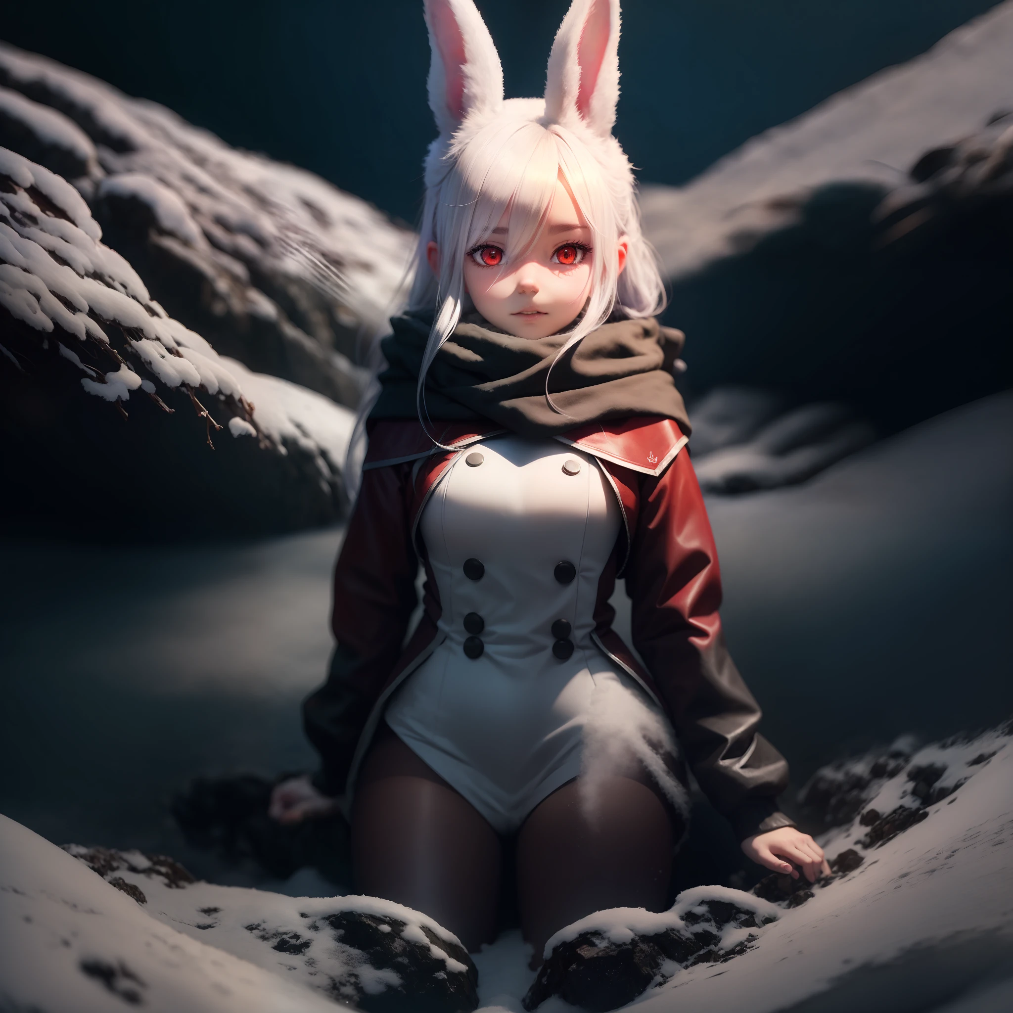 A Great Rabbit from Re:Zero -Starting Life in Another World, Very Cute, White Body, Red Eyes, Little horn, At a Snow Field, 8k, Detailed and Intrincicated.