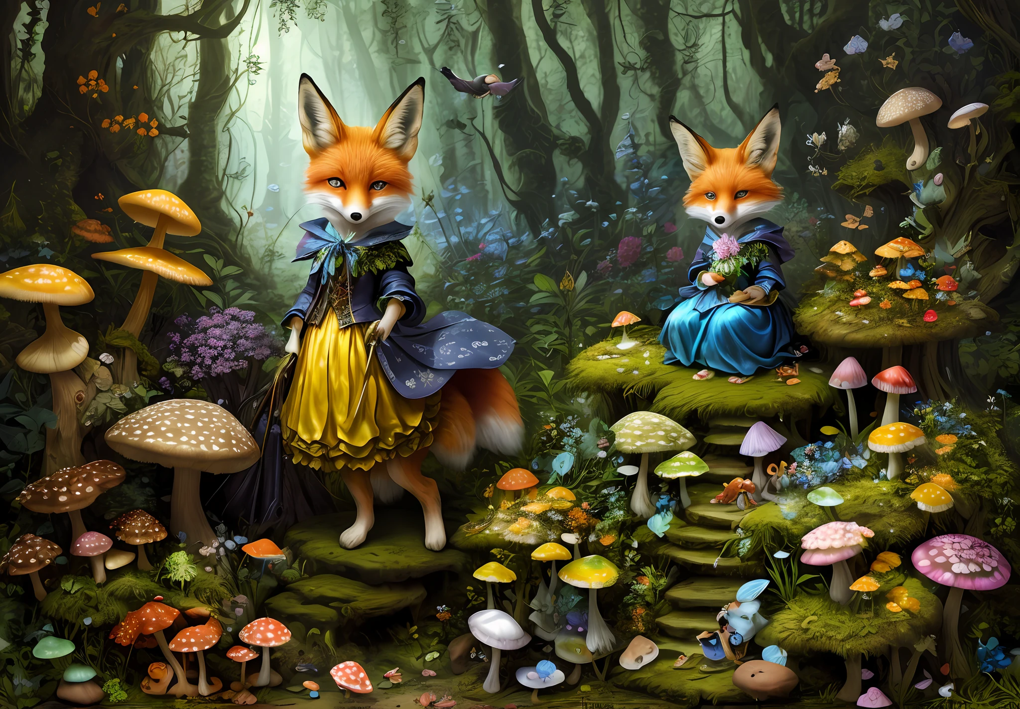 (1fox), food ,small, cute, creature, blue eyes, masterpiece, best quality, ((masterpiece)), ((illustration)) ((best quality)), (ultra-detailed), ((offical art)), decaying, exposed organs, rotting, consumed by flora, consumed by mushrooms, covered in mushrooms, covered in flora, pixie in a magical forest, mooshrooms, lush john 8k woods, bright witch, pixi shiny blobs, covered in flora, best quality, masterpiece in the style of (Rembrandt:1.1), (Caravaggio:1.1),