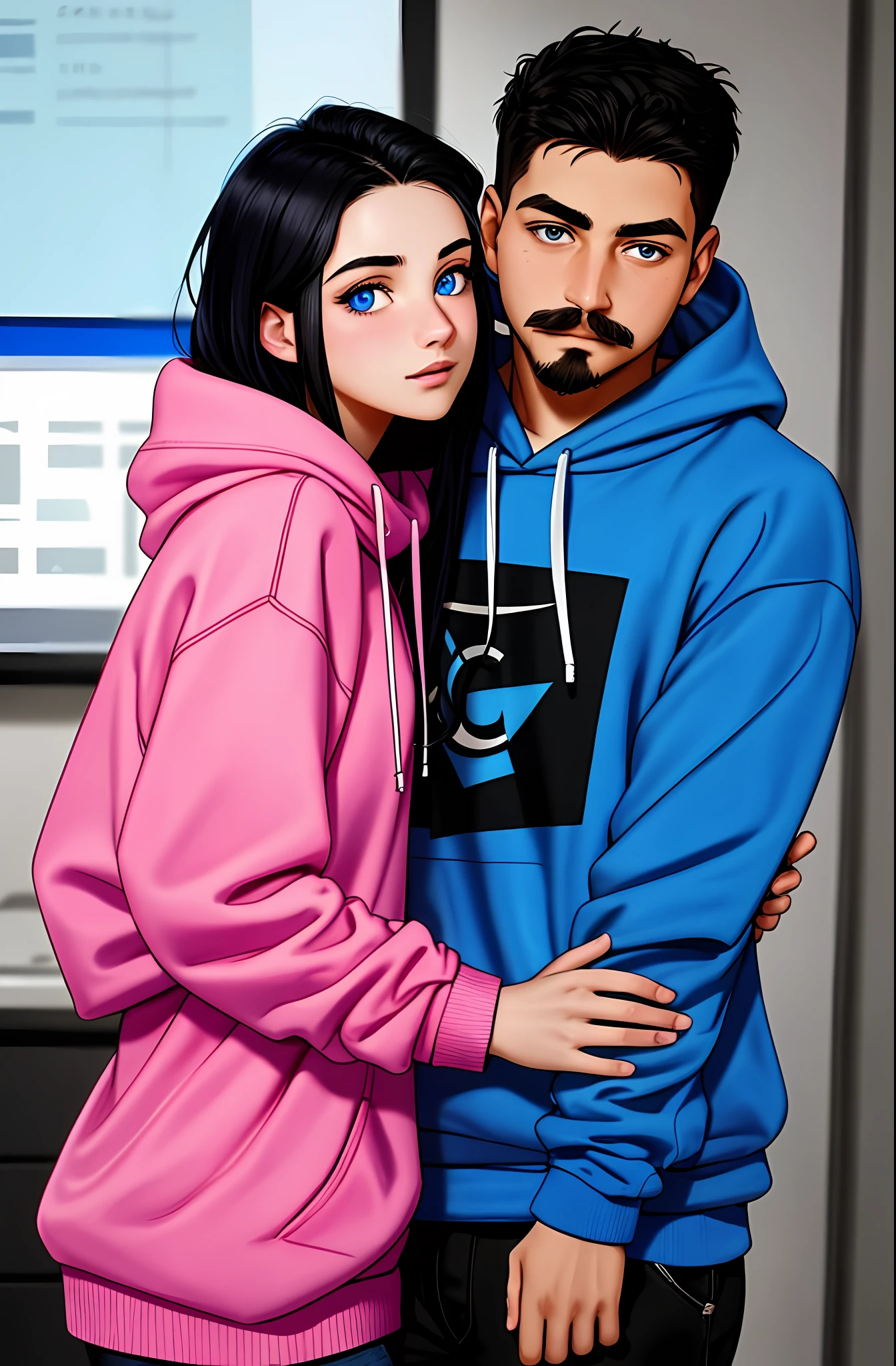 20-year-old in blue sweatshirt with mustache and goatee with a young 20-year-old girl with black hair, blue eyes, skinny in pink sweatshirt hugging each other