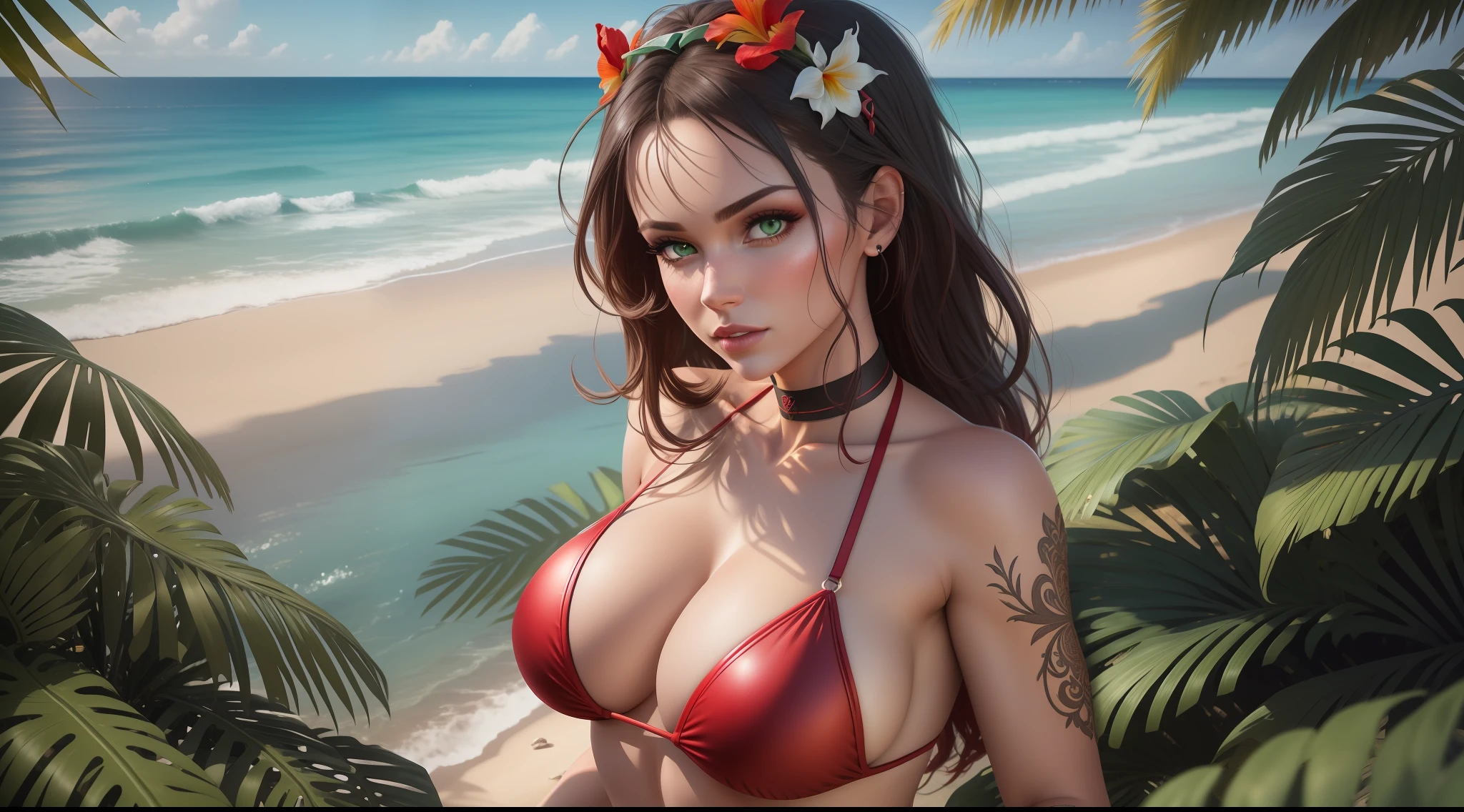Gor Robbie gorgeous wearing red bikini on a beach, perfect detailed face, detailed green eyes with circular iris, realistic, stunning realistic photography, intricately detailed, ultra high definition, 8K, Unreal Engine 5, ultra sharp focus, highly detailed, vibrant, rendered in 8K resolution for high quality details, 8K image quality, 8K high resolution image, hyper detailed, super realistic, intricate details
