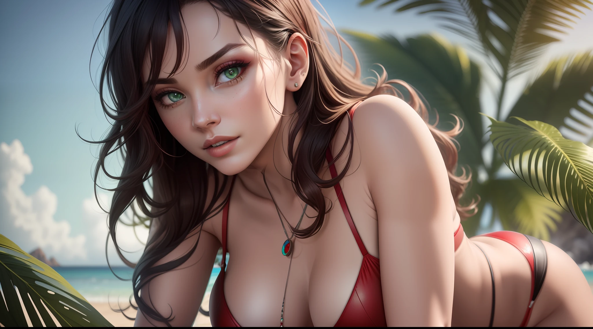 Gor Robbie gorgeous wearing red bikini on a beach, perfect detailed face, detailed green eyes with circular iris, realistic, stunning realistic photography, intricately detailed, ultra high definition, 8K, Unreal Engine 5, ultra sharp focus, highly detailed, vibrant, rendered in 8K resolution for high quality details, 8K image quality, 8K high resolution image, hyper detailed,  super realistic, intricate details