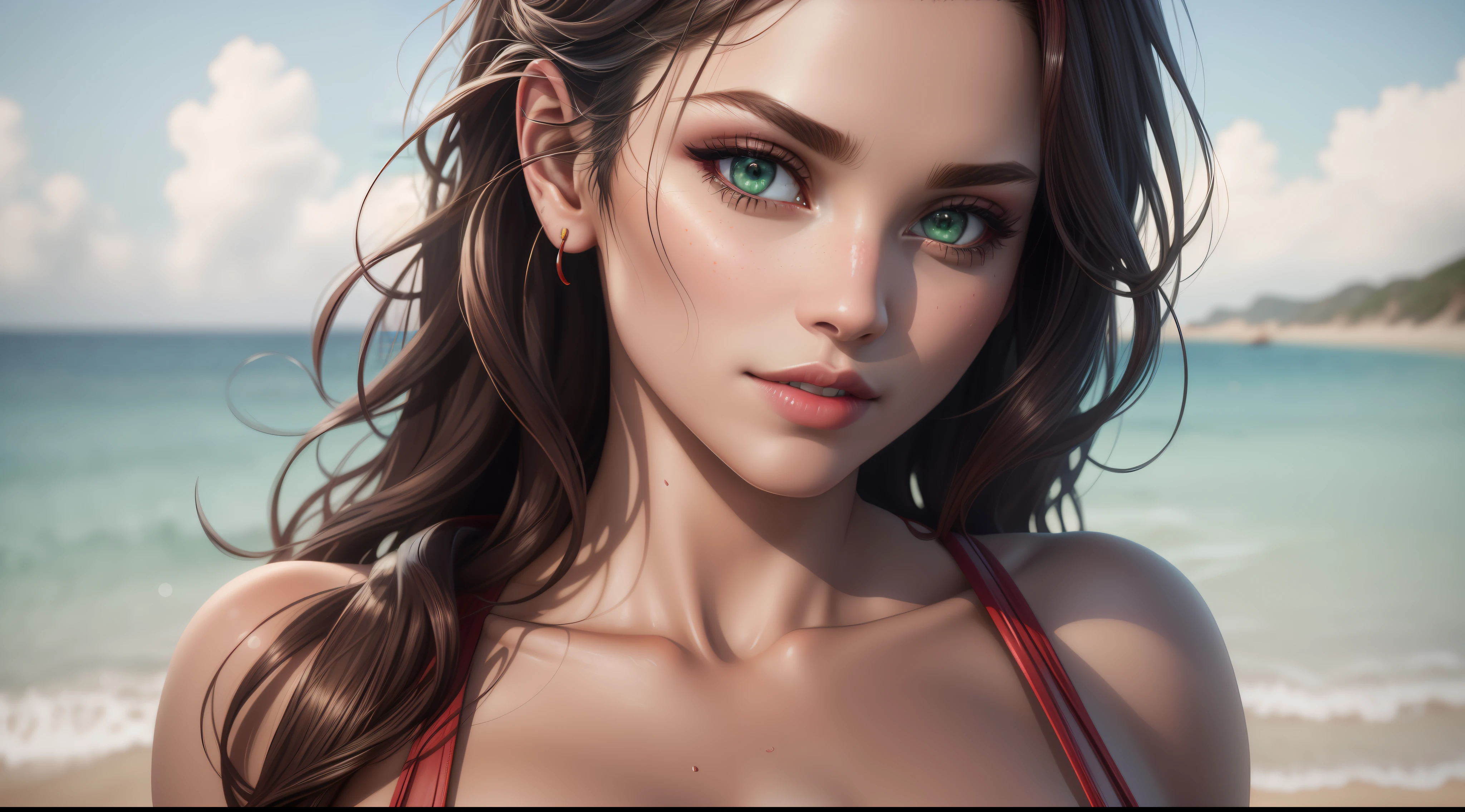 Gor Robbie gorgeous wearing red bikini on a beach, perfect detailed face, detailed green eyes with circular iris, realistic, stunning realistic photography, intricately detailed, ultra high definition, 8K, Unreal Engine 5, ultra sharp focus, highly detailed, vibrant, rendered in 8K resolution for high quality details, 8K image quality, 8K high resolution image, hyper detailed, super realistic, intricate details