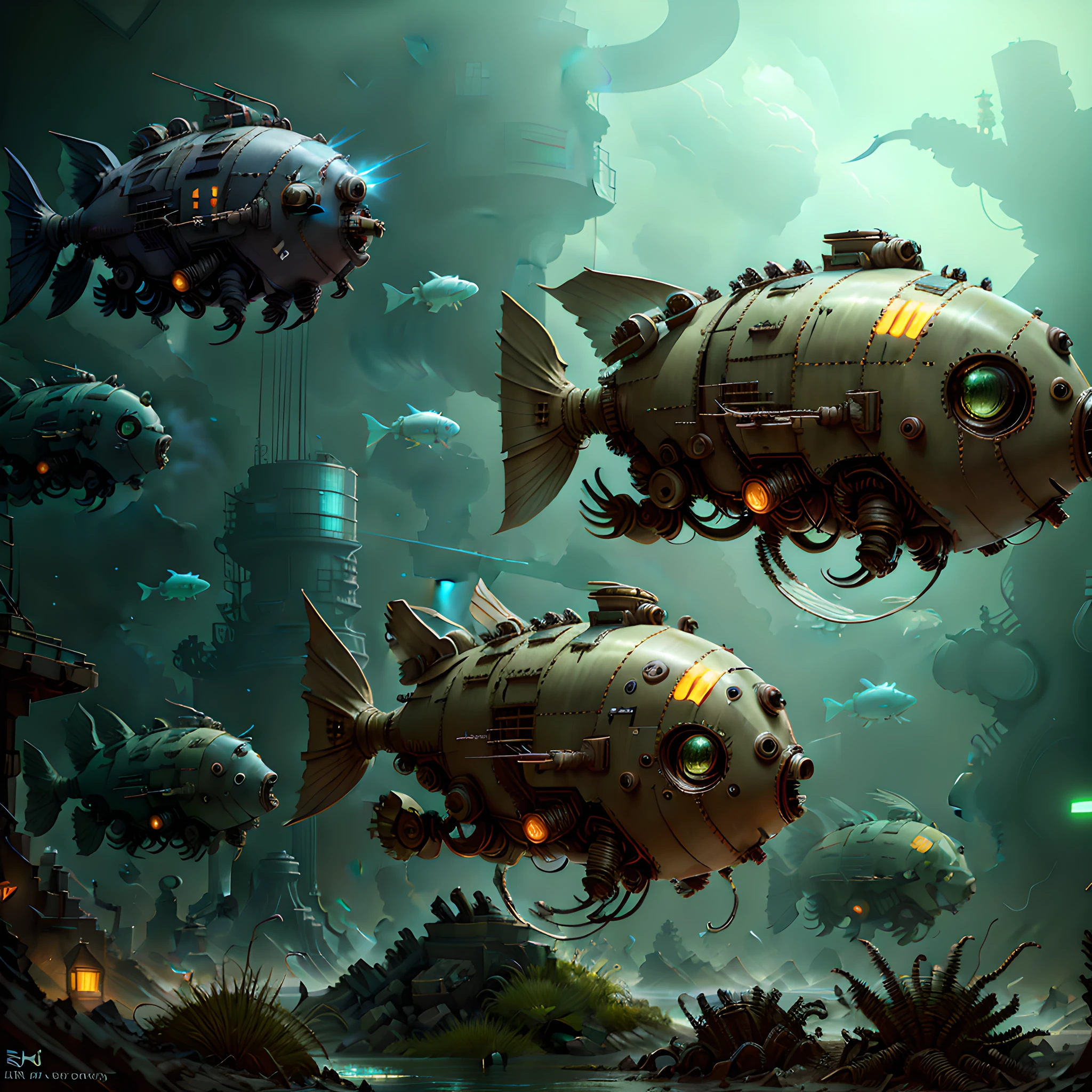 there are many robotic fish that are swimming in the aceano, robot fish, cyberpunk fish, futuristic metal fish, eyes with led light, lit, marine plant, beautiful 3D concept art, highly realistic concept art, real photo concept art, Rolands Zilvinskis 3D rendering art, steampunk concept art, ultra realistic concept art, inspired by Brian Despain, amazing concept art, photorealistic concept art,  photorealistic concept art, epic 3d illustrations, hyper realistic photo, professional photography