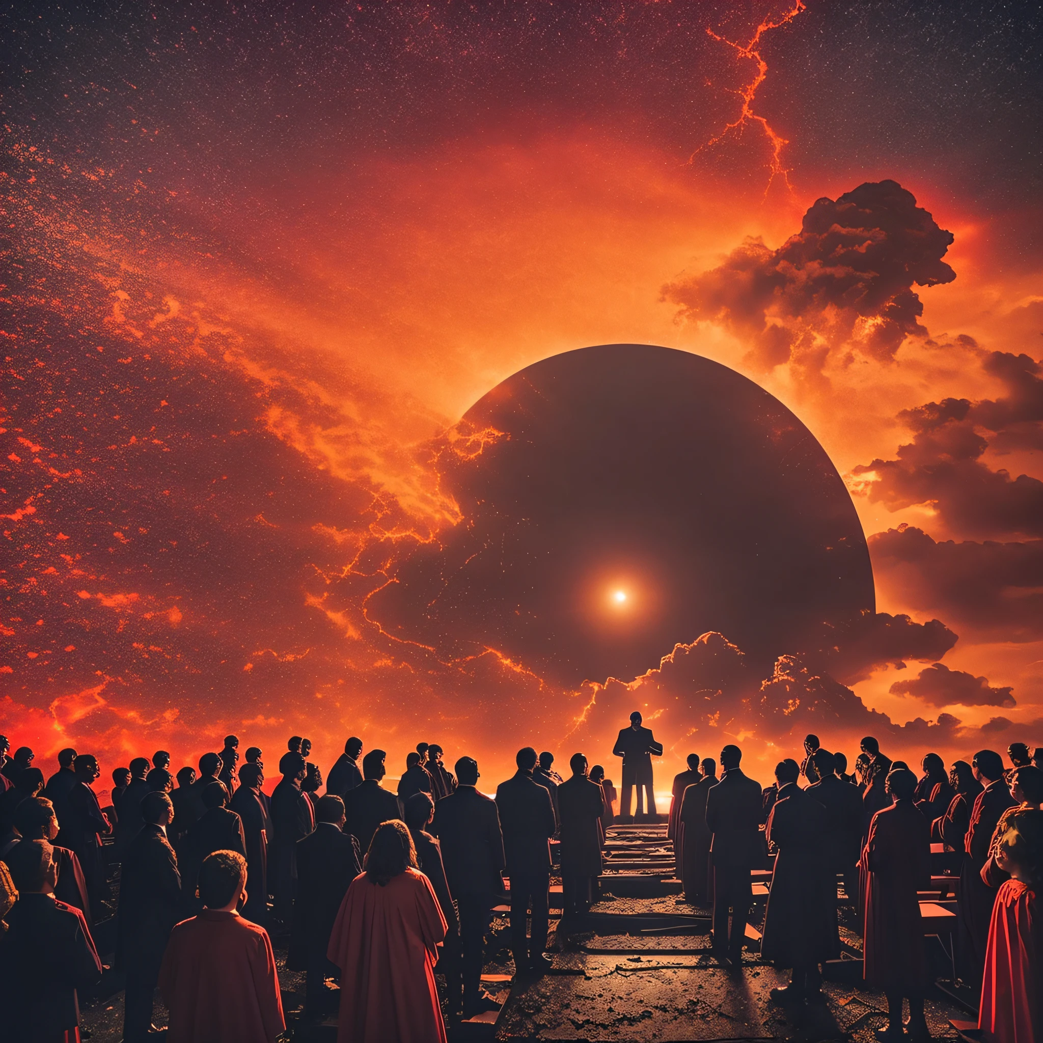 pastor preaching and the roof of the church broken due to storm, in the sky a red hole with a volcano and inside coming out angels towards the earth and people in the church crying of, ultra realistic, apocalypse, detail-oriented, fear, movie ilimunation --auto --s2