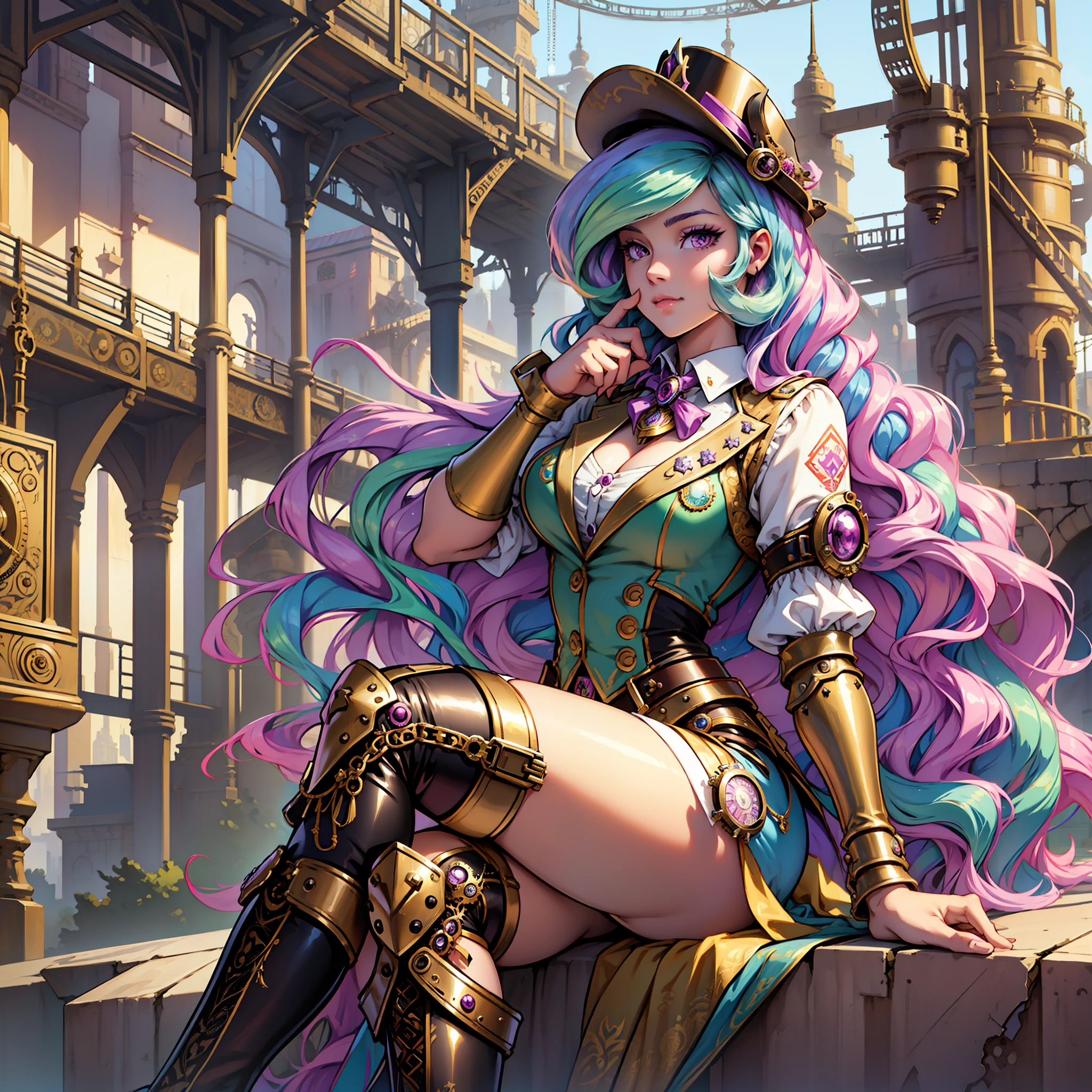 Princess Celestia, Princess Celestia from my little pony, Princess Celestia in the form of a girl, long hair, lush hair, steampunk, body from steampunk mechanisms, golden gears, not human, gear leather, white boots, full-length, steampunk style, best quality, very detailed, ultra 8k resolution