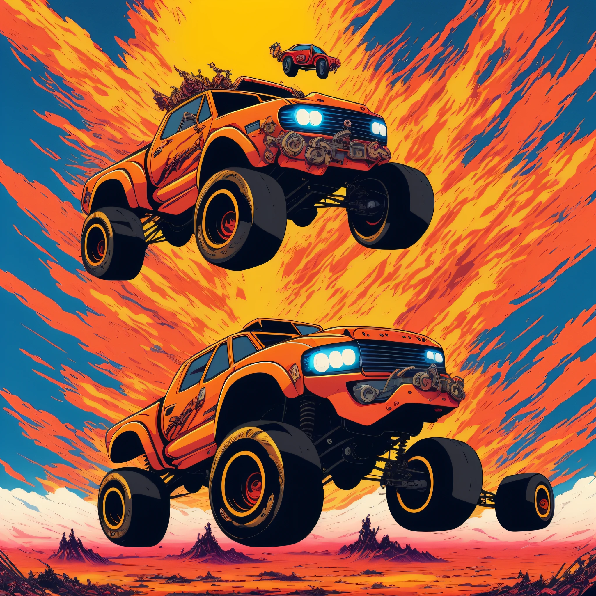 Unleash your artistic talent in creating a dynamic and action-packed anime-style illustration that combines the excitement of monster trucks with the captivating aesthetic of anime. Picture a high-octane scene where anime characters and their incredible monster trucks collide in an epic showdown.