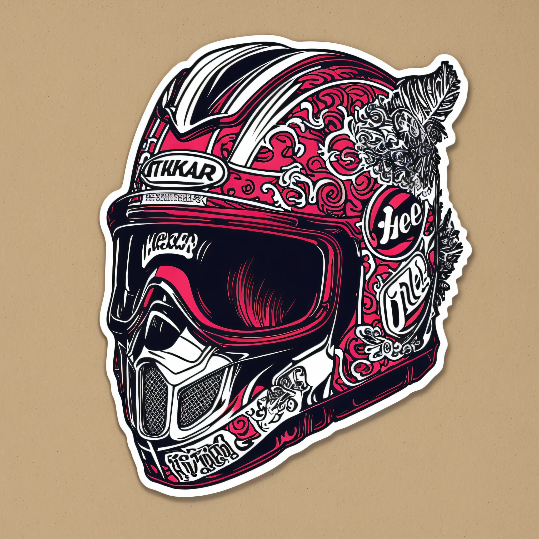 ((die_cut sticker)) hell illustration motocross helmet, intricate decorated insanely detailed, die_cut sticker in vector art style