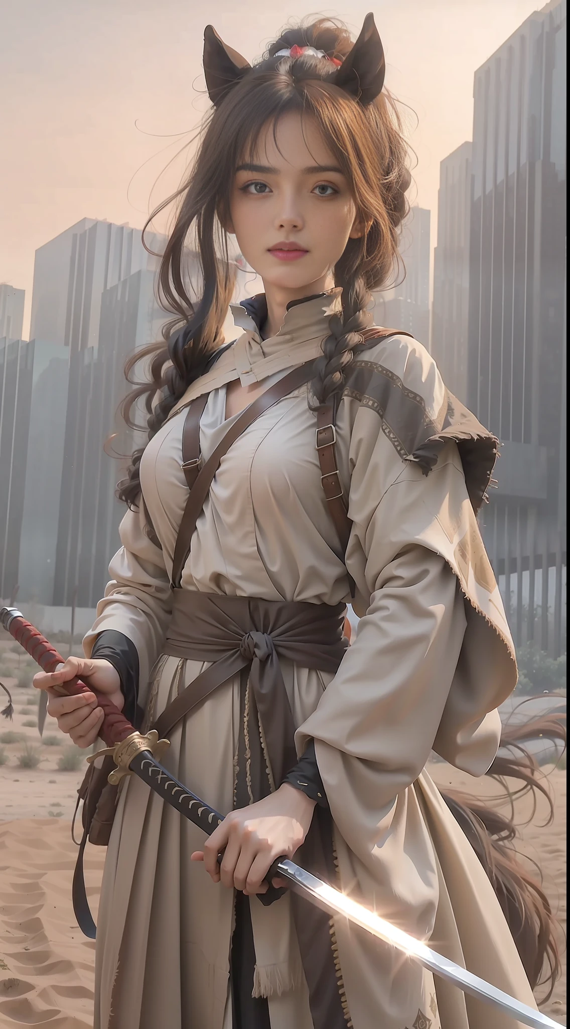 A beautiful woman in ancient costume, holding a sword in her hand, holding a horse in her hand, with wind