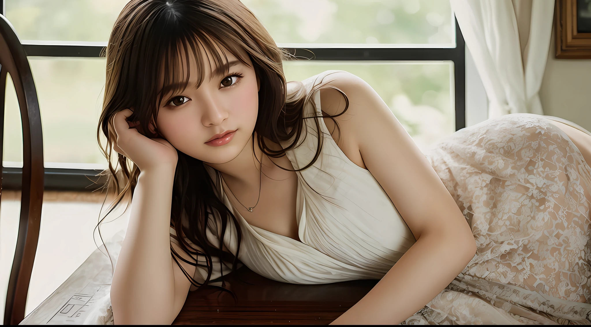 Stunning close-up portrait of a young and beautiful woman with RAW, analog style and impressive features. She should have long, flowing hair, a seductive gaze, and an attractive look. The background is neutral and simple, allowing the woman to be the focal point of the image. Pay attention to details, such as highlights and shadows on her face and hair, to create realistic and realistic images. Experiment with different lighting techniques to enhance the mood and atmosphere of your portrait. The final product must be a masterpiece that captures the essence and beauty of women ((Highly detailed skin, skin details)), Sharp Focus, Volumetric Fog, 8K, UHD, DSLR, High Quality, Film Grain, Fujifilm XT3, Camisole Dress, Hemp Dress, Floret Dress, Short-Cut Hair, Disheveled Hair, Antique Library Chair, A little smile, rain outside the window, raindrop-dripping windows, a lot of library books