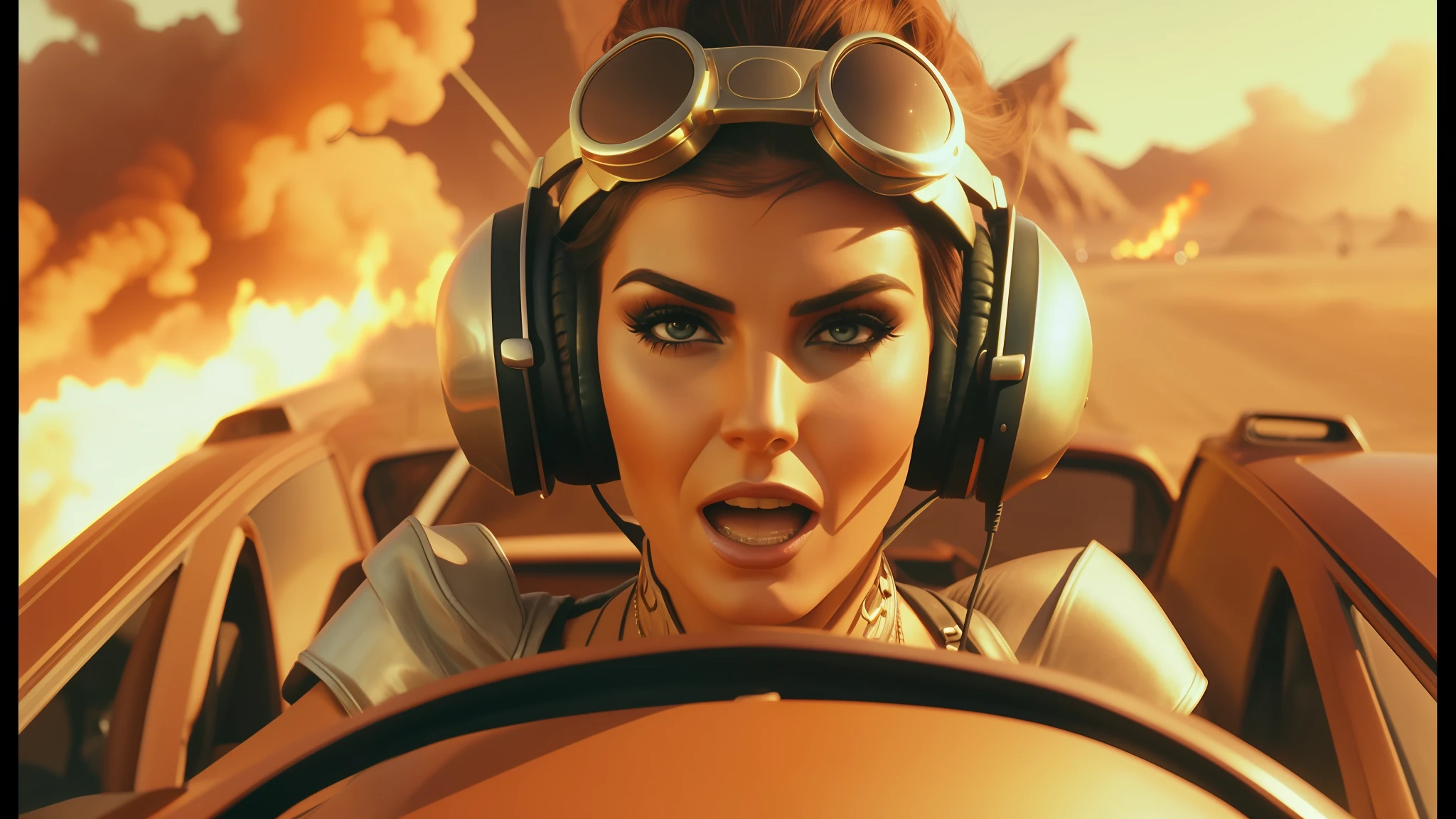 there is a woman with headphones on driving a car, muppets in mad max, behance. polished, caracal, bombshell, jessica nigri, girl screamin yolo - aesthetic, panavision x iii, inspired by Greg Hildebrandt, alessandra ambrosio, riot entertainment, planeswalker