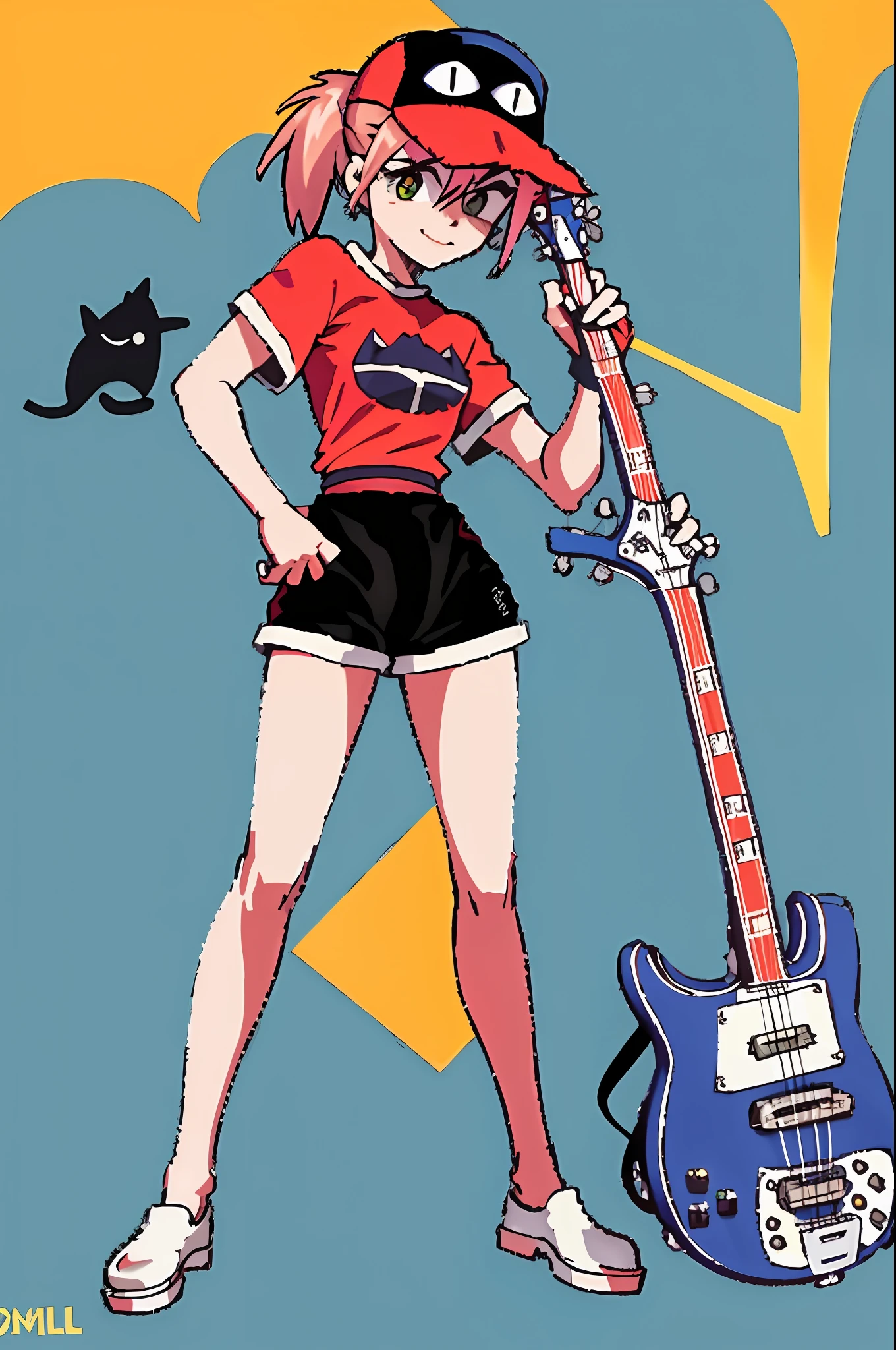 (masterpiece, best quality: 1.2), haruko, flcl, 1girl, solo, smile, baseball outfit, pink hair, ponytail, yellow eyes, (black cat shirt, black cat hat, black long sleeves, white shorts: 1.1), pixel, pixel art, guitar (Rickenbacker 4001), holding guitar (Rickenbacker 4001), simple background