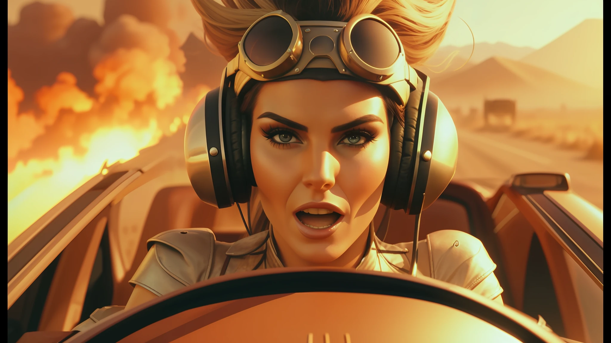 there is a woman with headphones on driving a car, muppets in mad max, behance. polished, caracal, bombshell, jessica nigri, girl screamin yolo - aesthetic, panavision x iii, inspired by Greg Hildebrandt, alessandra ambrosio, riot entertainment, planeswalker