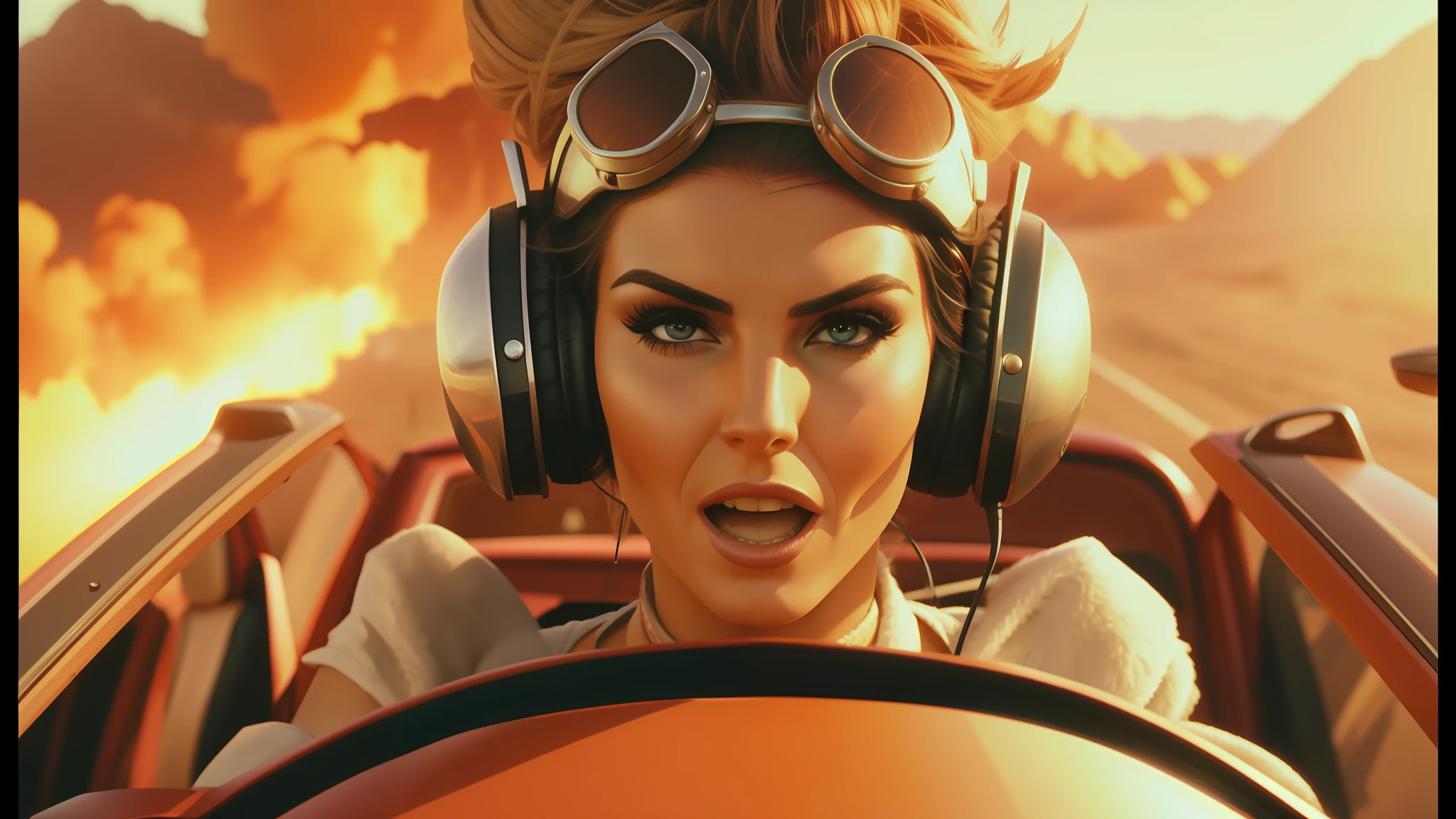 there is a woman with headphones on driving a car, muppets in mad max, behance. polished, caracal, bombshell, jessica nigri, girl screamin yolo - aesthetic, panavision x iii, inspired by Greg Hildebrandt, alessandra ambrosio, riot entertainment, planeswalker