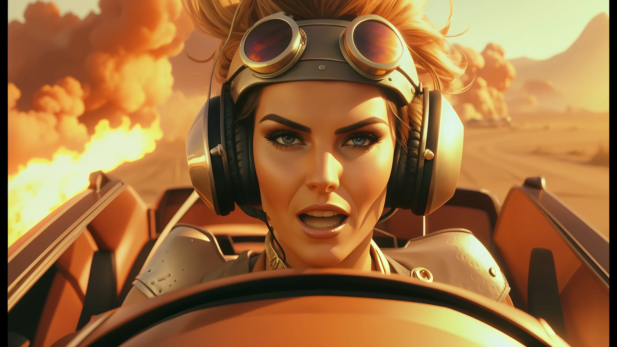 there is a woman with headphones on driving a car, muppets in mad max, behance. polished, caracal, bombshell, jessica nigri, girl screamin yolo - aesthetic, panavision x iii, inspired by Greg Hildebrandt, alessandra ambrosio, riot entertainment, planeswalker