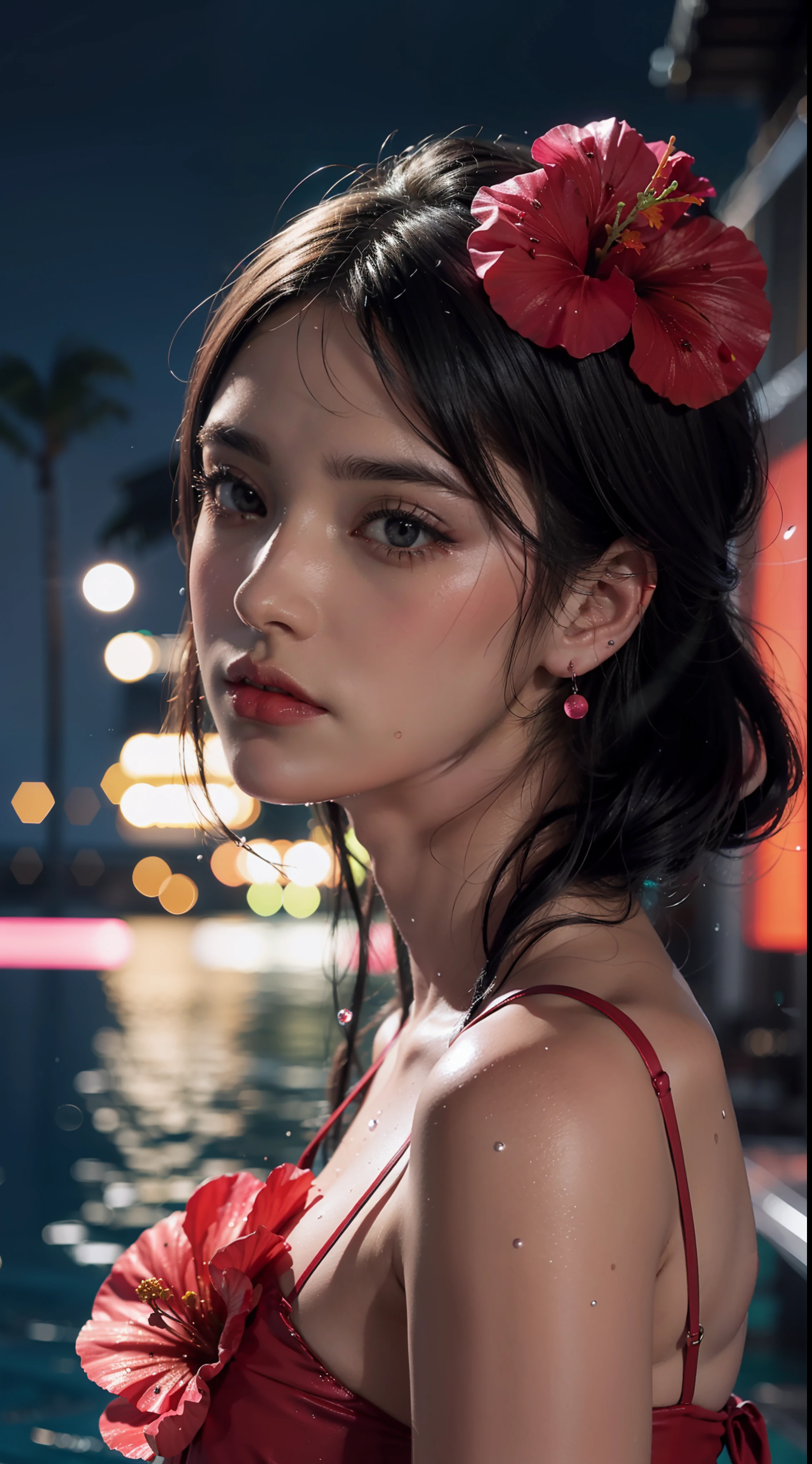 Hibiscus Moon with water droplets, neon glow, random background, boch mood