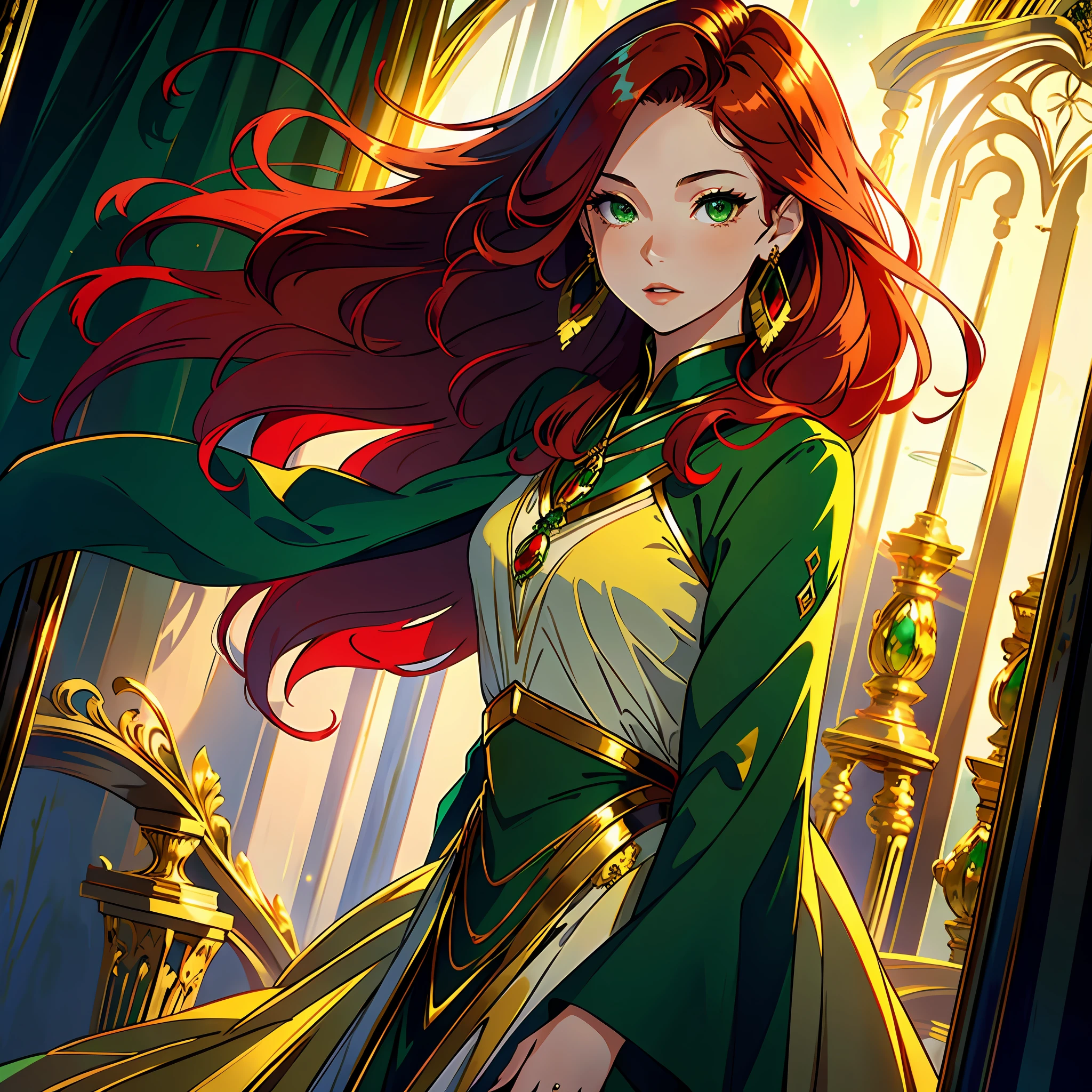 (best quality, masterpiece), portrait, 1 girl, solo, (red hair, long and wavy), (emerald eyes), gold earrings and matching elegant necklace, (elegant and long dress, green and gold color, long sleeves) (sunset background)