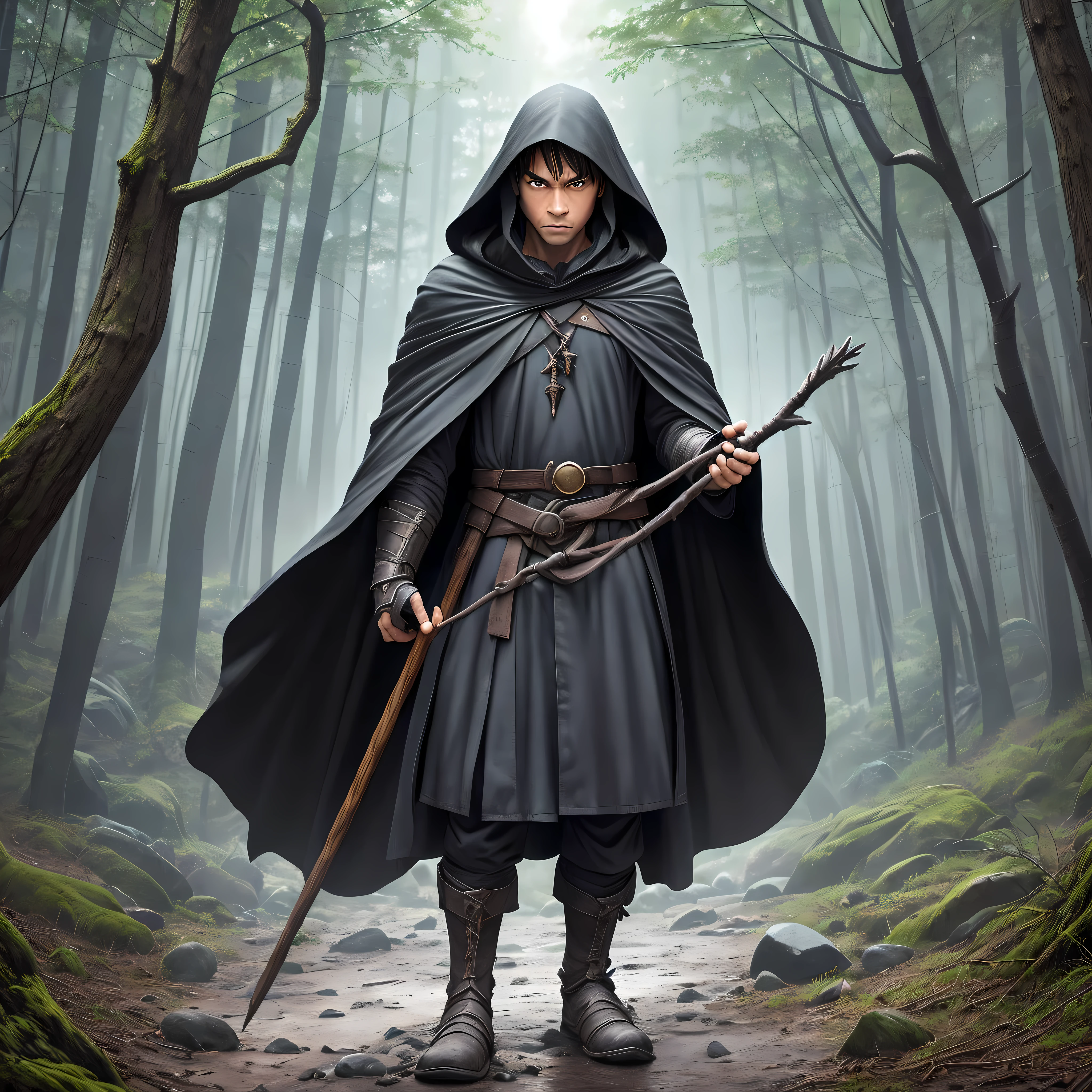 a wizard, wearing a dark cloak with a hood, holding a wooden staff, at the tip of the staff has a magic stone, he is in a desolate forest, dark forest, cursed forest, this mage is a dark mage, at night, during the rain, young mage, realistic, detailed, black cloak, long staff, dark, dark image, dark mage