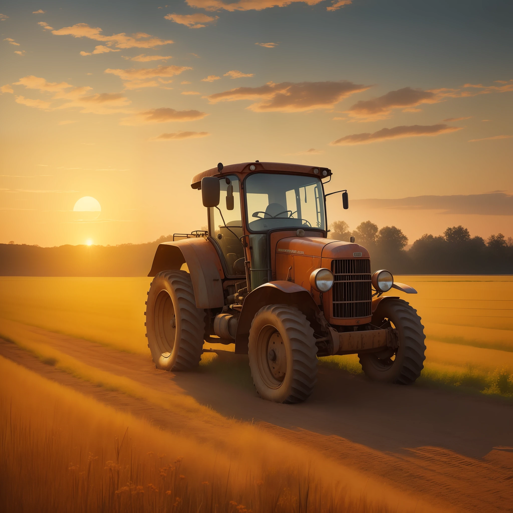 An image of a rusty tractor plowing a field, backlit by the setting sun, extremely detailed, ultra realistic, 10k high resolution, in the style of oil painting, watercolor, collage, impressionism, expressionism, surrealism