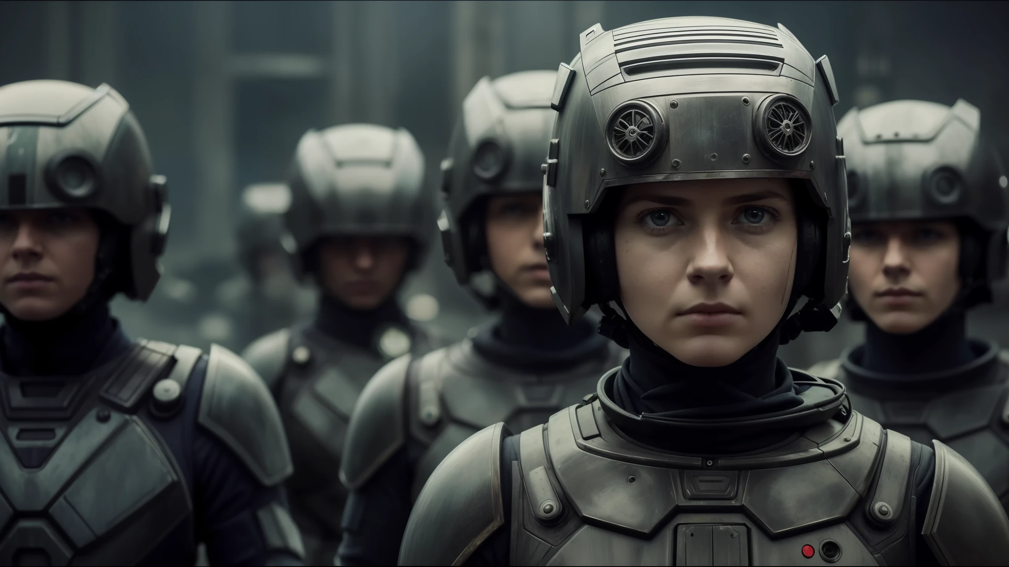 there are many people in futuristic suits with helmets on, style of seb mckinnon, cinematic stillframe, portrait of soldier girl, by Peter Madsen, workers, realistic mechanical details, corrected faces, production photo, by Władysław Podkowiński, matriarchy, zdzidaw