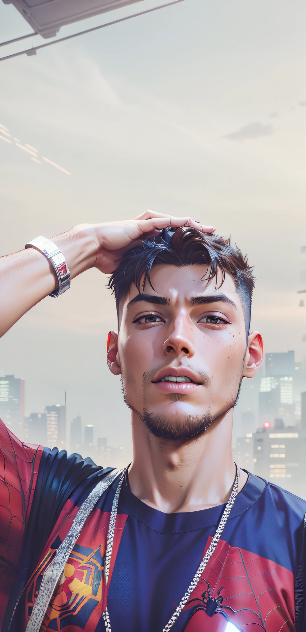 anime, spider-man of the future, realistic futuristic city cyberpunk background, red clothes --auto --s2