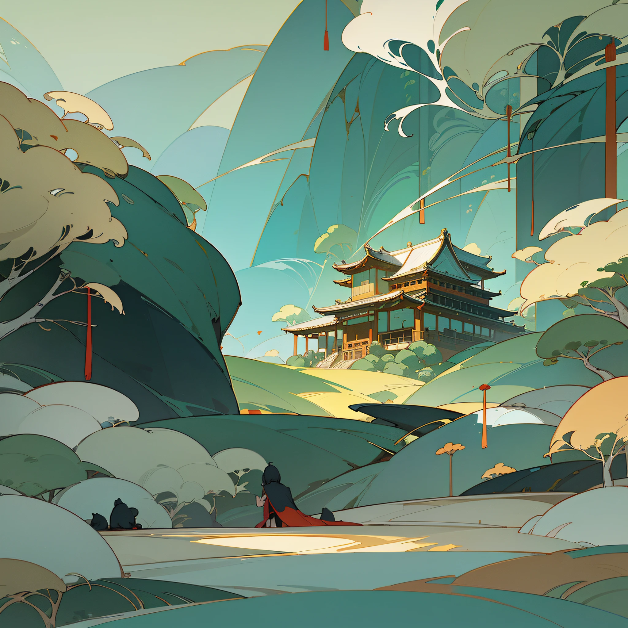 (Chinese landscape), abstract painting, (Zen, Amy Sol style), (green trees, flowers, Chinese style architecture), cover art with light abstraction, simple vector art, contemporary Chinese art, color gradients, soft color palettes, layered shapes, fancy animation, ethereal abstract style, city,kittens --auto --s2