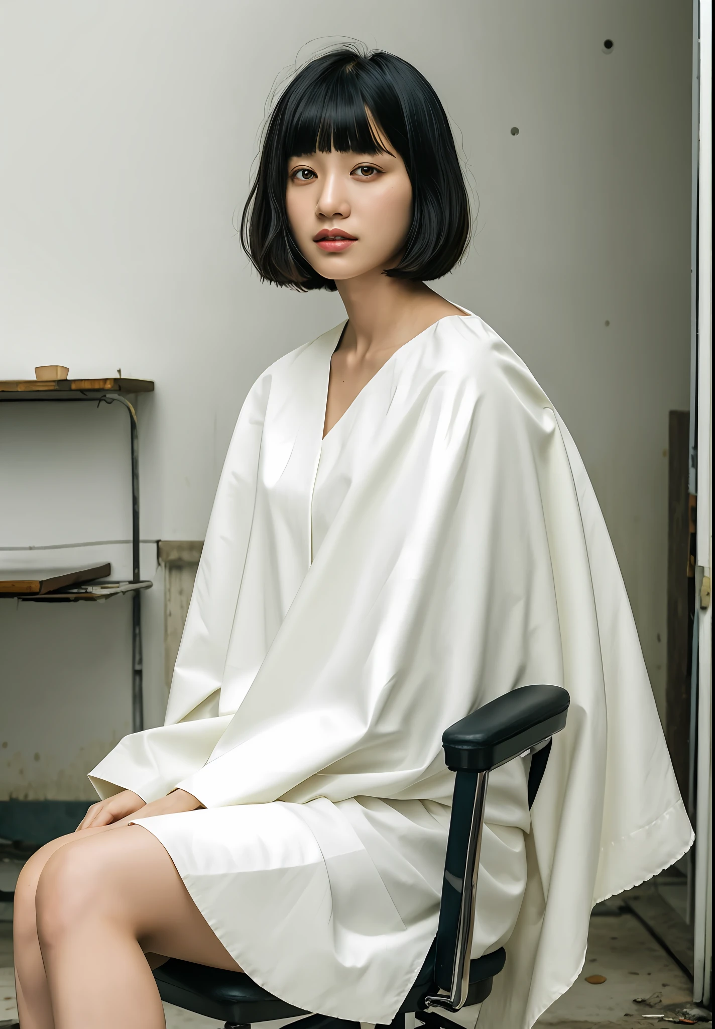 One girl, black hair, snappy bangs, bob-cut hair, wearing a white cloth for haircut, sitting on a barber chair with her back straight, inside an abandoned barber shop, concrete walls and floor, spiritual silence, transcendental tranquility, Absurdres, HDR, super detailed illustration, highly detailed face, RAW photos, film grain, deviantart trend, movie scene, Natural light