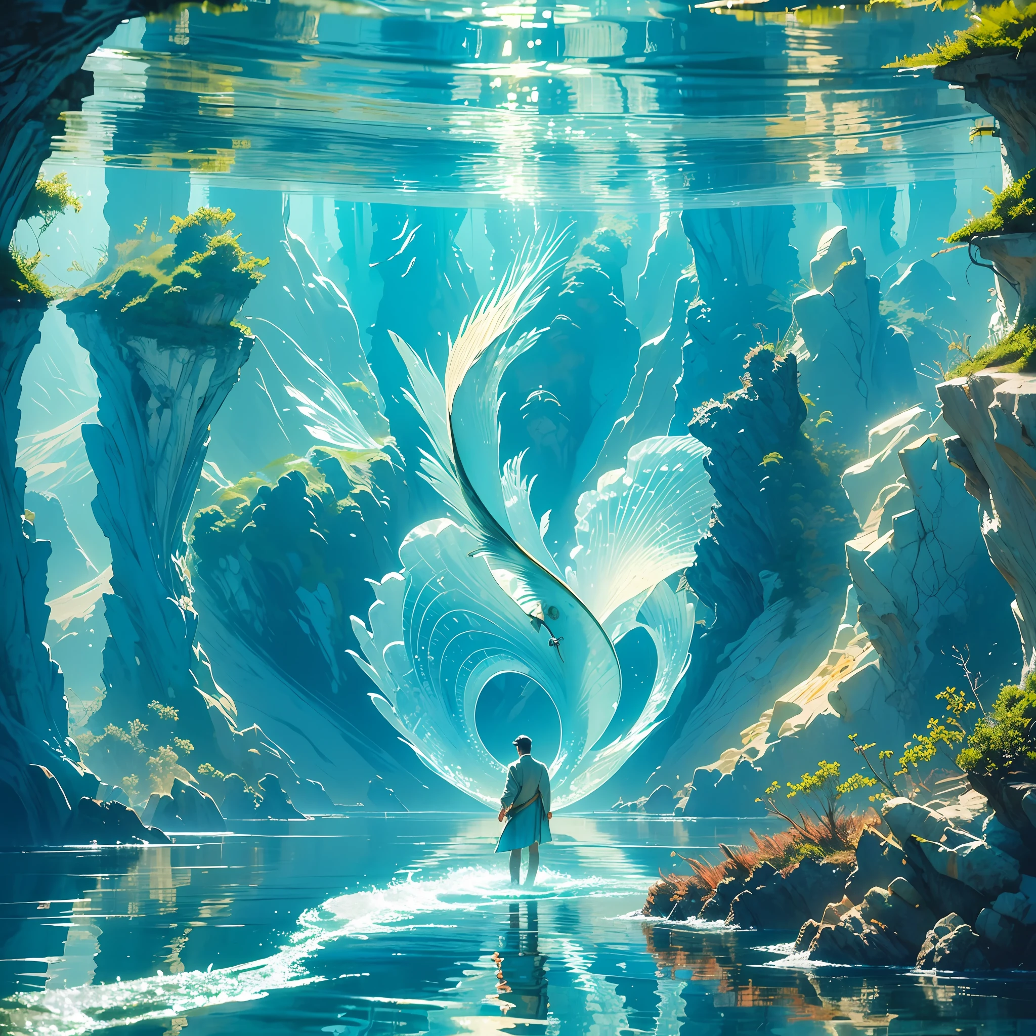 "((Masterpiece)), best quality, ultra-detailed, an extremely delicate and beautiful, floating, high resolution, dynamic angle, wavy atmosphere, atmospheric lighting, (1 man and 1 fish), highly realistic and vibrant colors, turquoise water, reflective surface, watery ripple effect, wonderful and dreamlike scene." --auto --s2