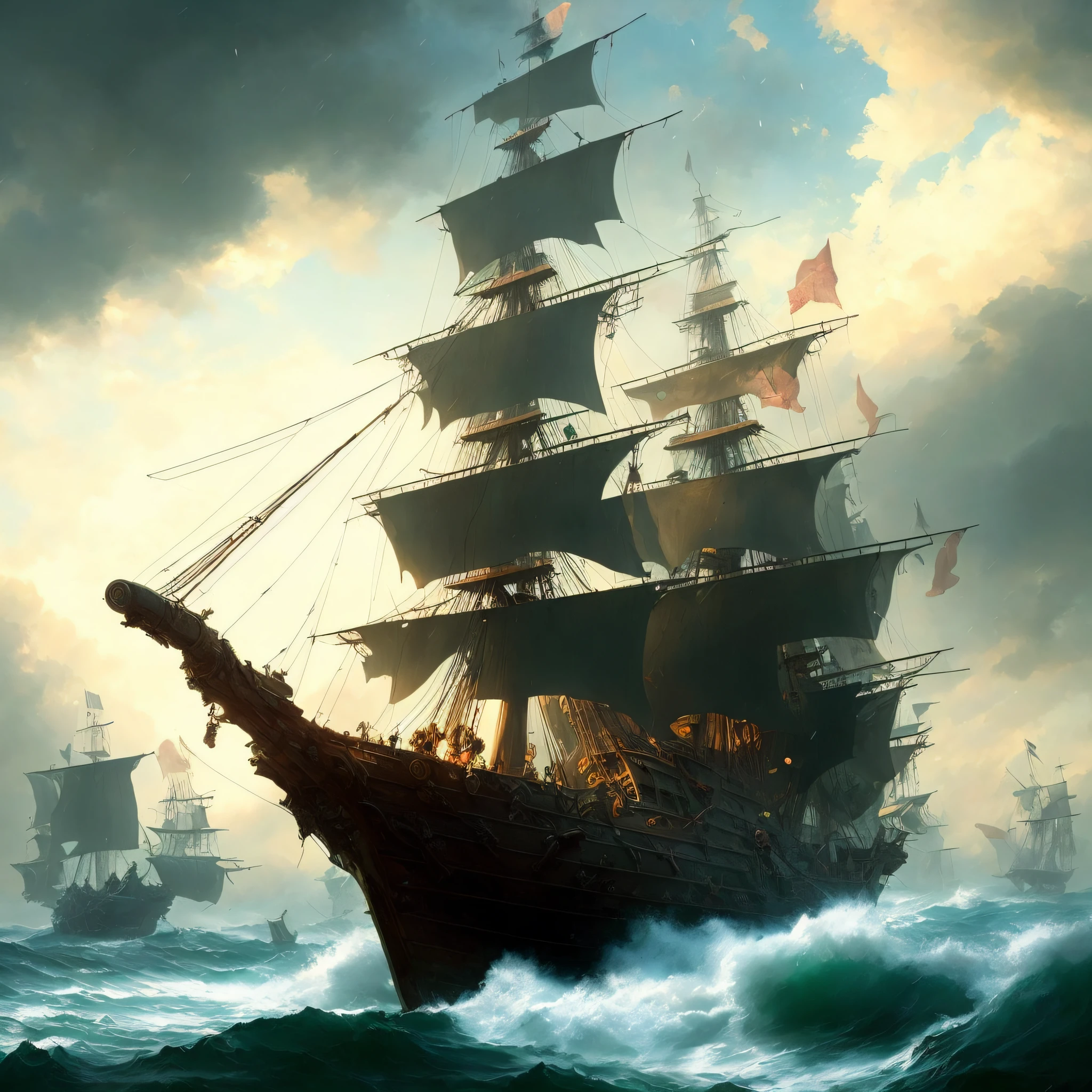 Pirate ship in the midst of bad weather, detailed oil painting, unreal 5 render, Rads, Sargent and Leyendecker, Savrasov, Levitan Polenov, Bruce Pennington, ghibli studio, Tim Hildebrandt, digital art, landscape painting, octane render, beautiful composition, popular on artstation, award-winning photography, masterpiece, sekart style (dreamlikart:1.2). mdjrny-v4 style