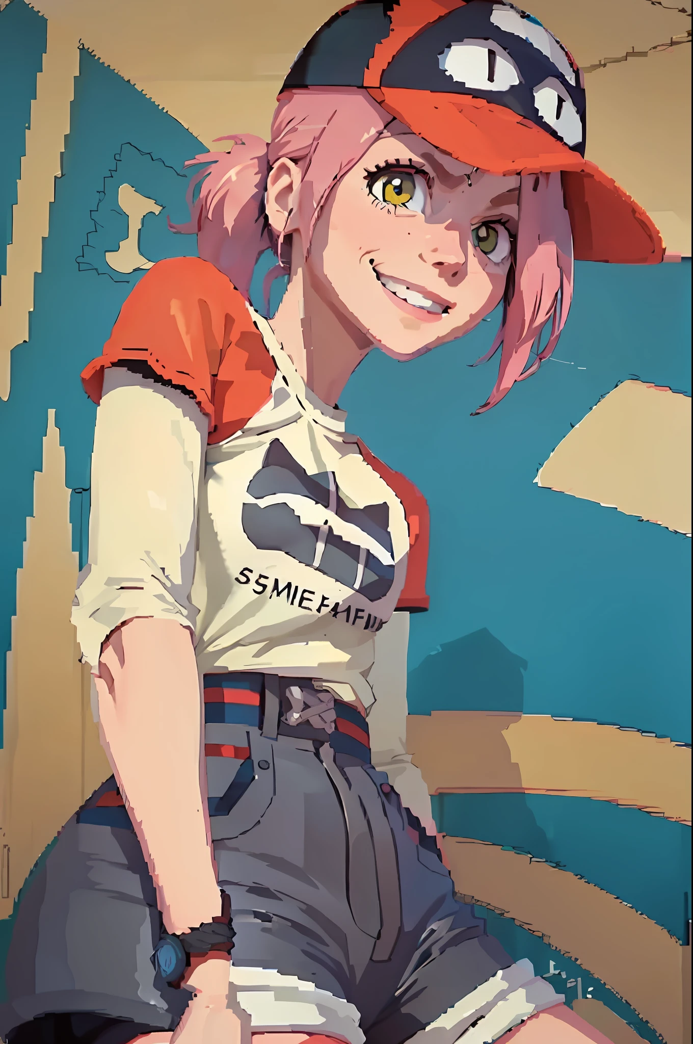 (masterpiece, best quality: 1.2), haruko, flcl, 1girl, solo, smile, baseball outfit, pink hair, ponytail, yellow eyes, (black cat shirt, black cat hat, black long sleeves, white shorts: 1.1), pixel, pixel art, cyan background