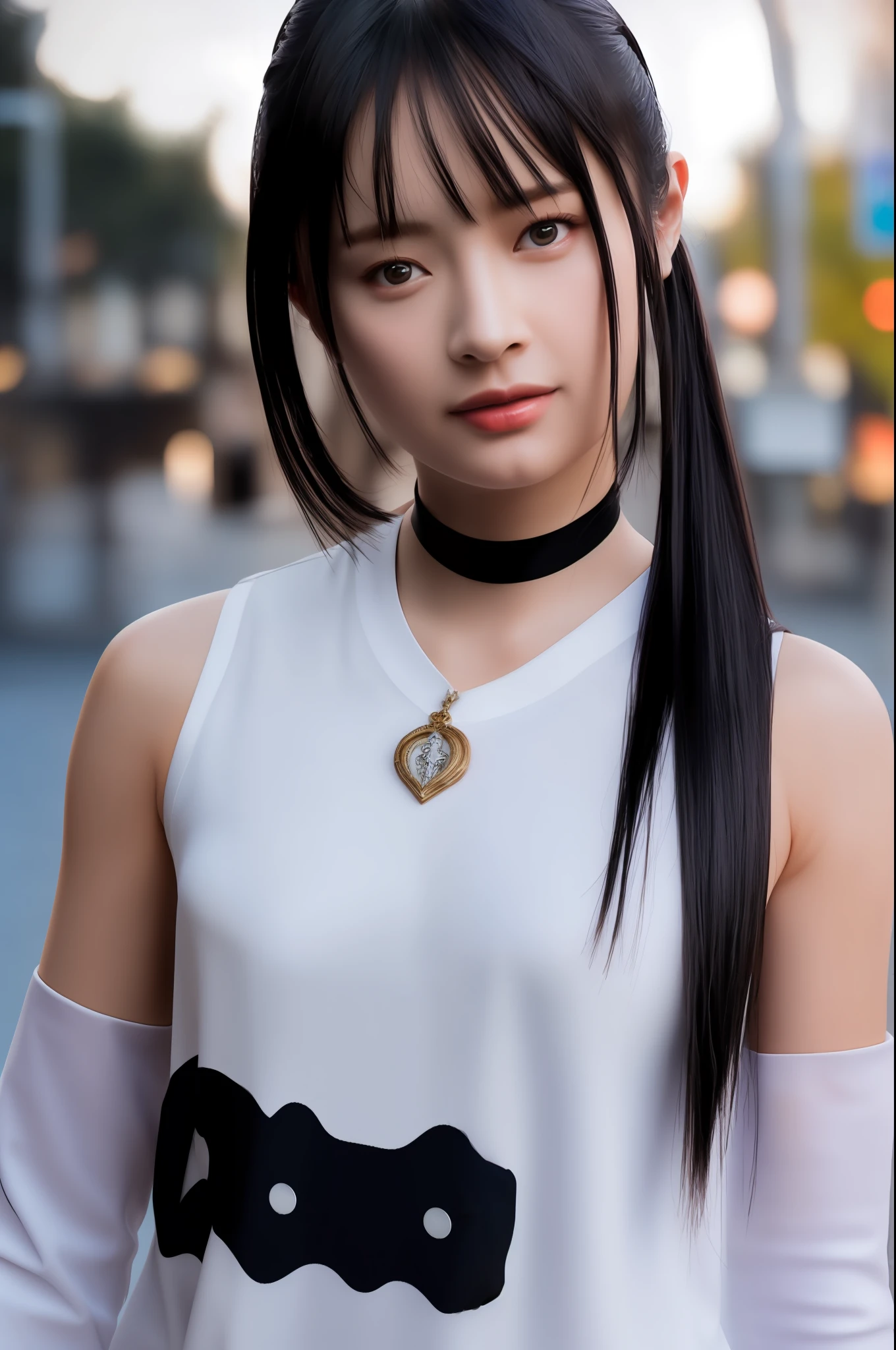 Hanni, full body, punk jacket, choker, woman,complex 3d render ultra detailed, smile, portrait of beautiful woman, moody portrait, striking features, beauty, intricate details, dramatic composition, tension, contrast, texture, realism, high-quality rendering, stunning art, high quality, film grain, Fujifilm XT3,swirly bokeh,(realistic, photo-realistic:1.2),RAW photo,physically-based rendering,(looking at viewer:1.4),(8k, best quality, masterpiece:1.2),(full body shot:1.1),octane render,extremely detailed CG, unity 8k wallpaper,in street,urban,city,(studio soft light,sunlight:1.2),(standing:1.1),(a girl is wearing sleeveless:1.5),hyper realistic detail shiny skin,ultra detailed,(ultra realistic:1.2),(intricate:1.2),(photorealistic:1.2),1girl,(skinny:1.3),detailed background ,(large breasts:1.1)