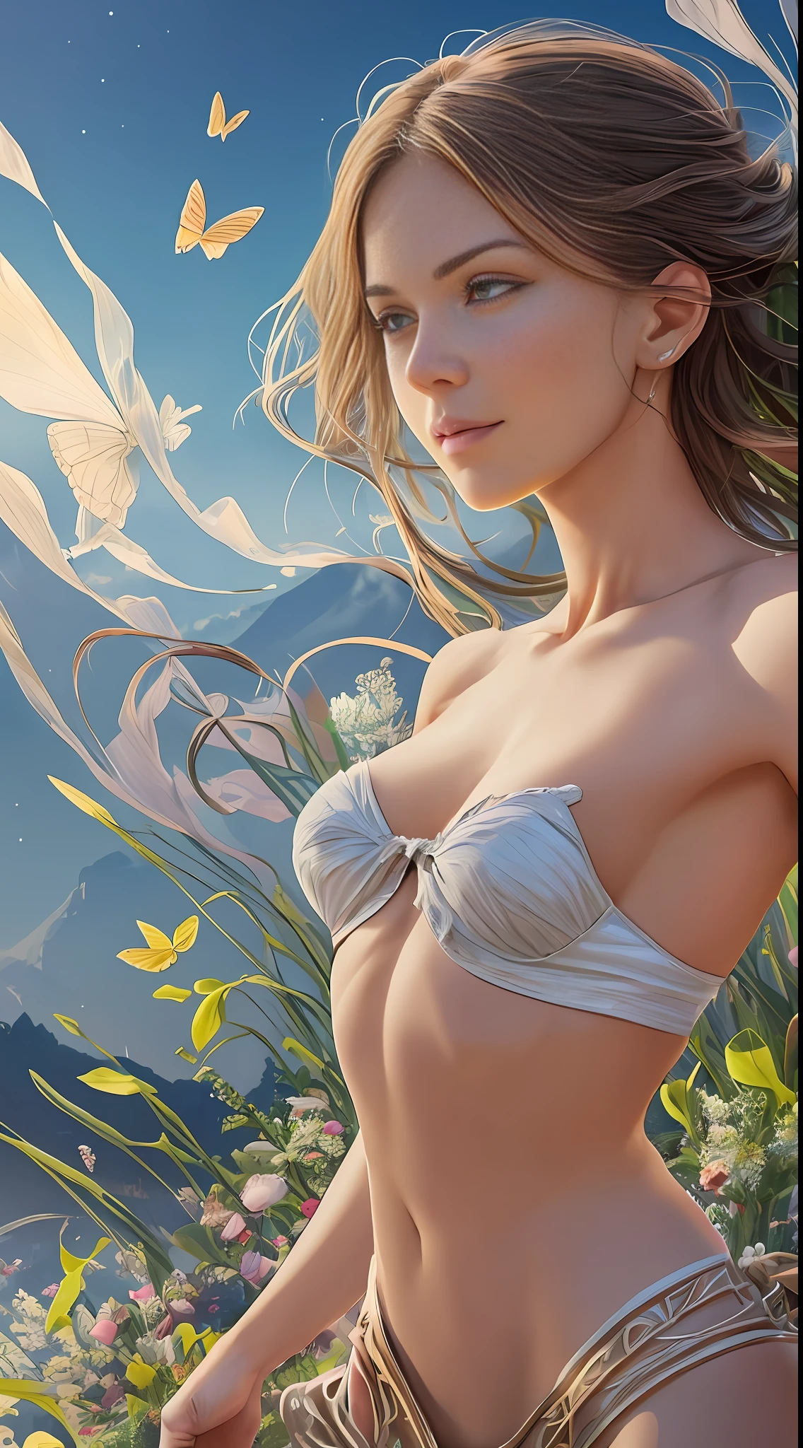 RAW, style, An impressive full-body woman with open arms, looking out at the horizon. She is in a lush green field with colorful flowers all around her. The sun shines brightly in the blue sky, casting rays of light that envelop the woman. She has a radiant smile on her face, and her eyes convey confidence and determination. Around it, they include elements such as twinkling stars and butterflies in flight. Please pay close attention to details, such as the highlights and shadows on your face and hair, to create a realistic and realistic image. Try different lighting techniques to improve the mood and atmosphere of the portrait. The final product should be a masterpiece that captures the essence and beauty of the woman, ((highly detailed skin, skin details)), sharp focus, volumetric mist, 8k UHD, DSLR, high quality, film grain, Fujifilm XT3 Negative Prompt: (((big hands, non-detailed skin, semi-realistic, cgi, 3d, render, sketch, cartoon, drawing, anime))), (((ugly mouth, ugly eyes, missing teeth, crooked teeth, close up, cropped, out of frame)))), worst quality, low quality, jpeg artifacts, ugly, duplicated, morbid, mutilated, extra fingers, mutated hands, poorly drawn hands, poorly drawn face, mutation, deformed, blurry, dehydrated, bad anatomy, bad proportions, extra limbs, cloned face, disfigured, coarse proportions, malformed limbs, missing arms, missing legs, extra arms, extra legs, extra legs, fused fingers, many fingers, long neck --auto --s2