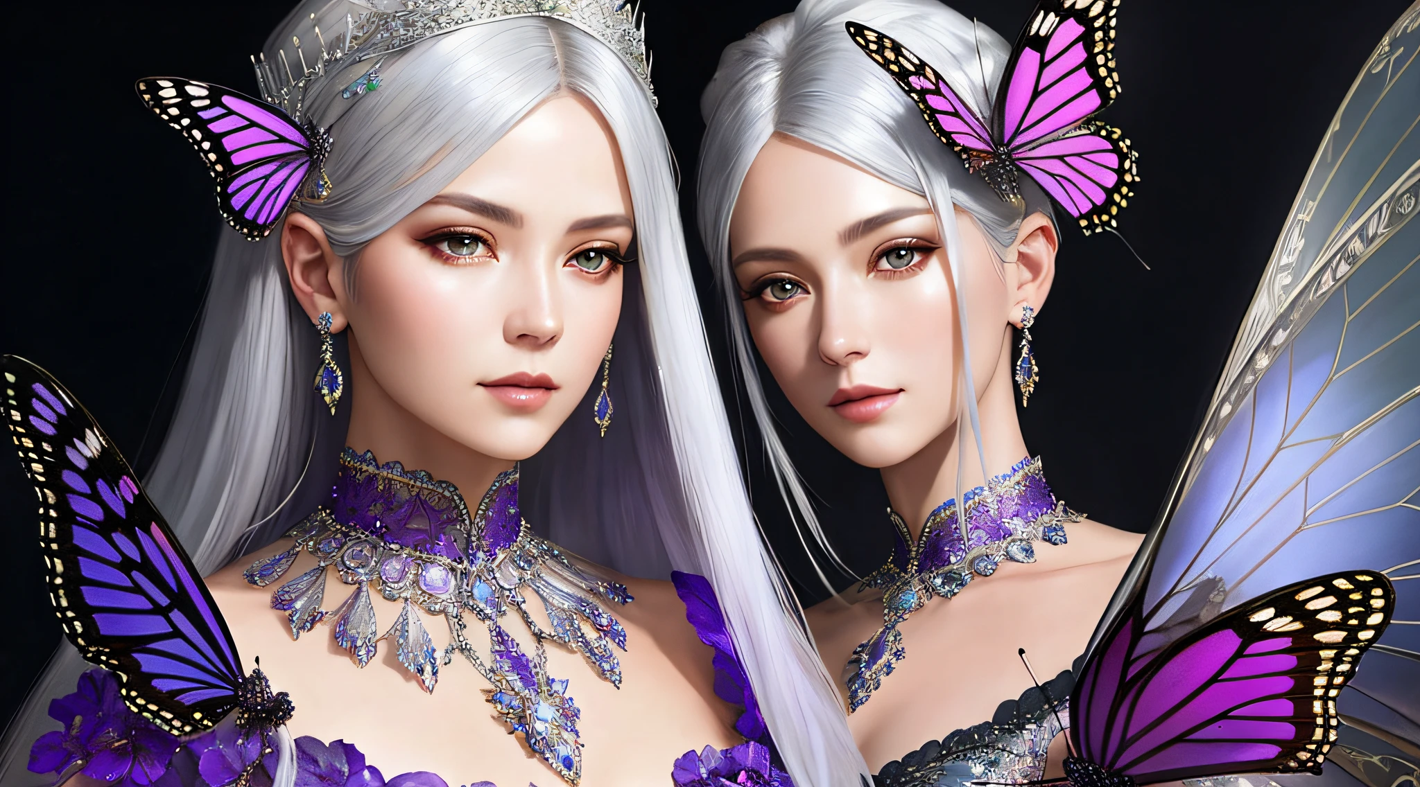 a Full body photo of a beautiful queen with silver hair, 8k intricate, elegant, highly detailed, majestic, digital photography, art by Artgerm and Ruan Jia and Greg Rutkowski Surreal painting of purple butterfly filigree, broken glass (masterpiece, side lighting, beautiful finely detailed eyes: 1.2 ), hdr