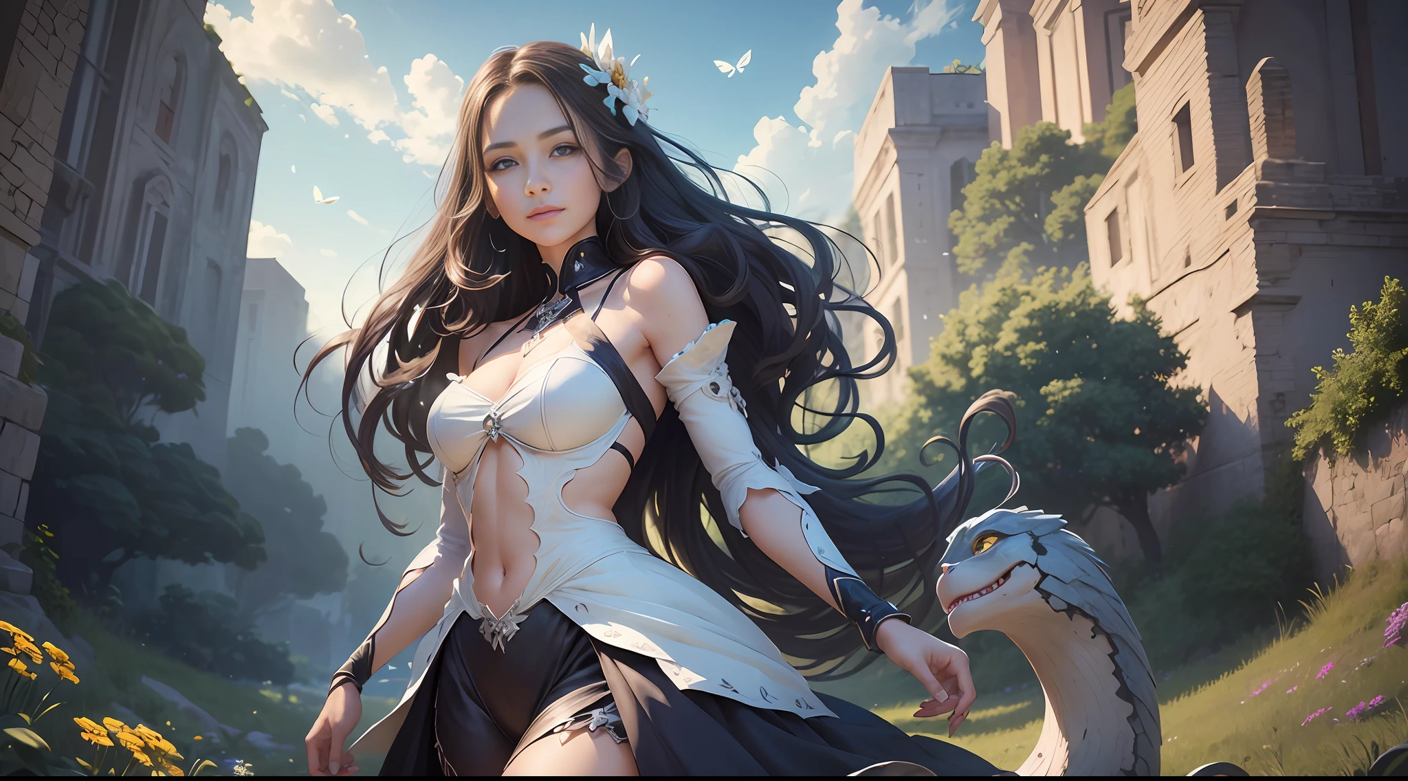 RAW, style, An impressive full-body woman with open arms, looking out at the horizon. She is in a lush green field with colorful flowers all around her. The sun shines brightly in the blue sky, casting rays of light that envelop the woman. She has a radiant smile on her face, and her eyes convey confidence and determination. Around it, they include elements such as twinkling stars and butterflies in flight. Please pay close attention to details, such as the highlights and shadows on your face and hair, to create a realistic and realistic image. Try different lighting techniques to improve the mood and atmosphere of the portrait. The final product should be a masterpiece that captures the essence and beauty of the woman, ((highly detailed skin, skin details)), sharp focus, volumetric mist, 8k UHD, DSLR, high quality, film grain, Fujifilm XT3 Negative Prompt: (((big hands, non-detailed skin, semi-realistic, cgi, 3d, render, sketch, cartoon, drawing, anime))), (((ugly mouth, ugly eyes, missing teeth, crooked teeth, close up, cropped, out of frame)))), worst quality, low quality, jpeg artifacts, ugly, duplicated, morbid, mutilated, extra fingers, mutated hands, poorly drawn hands, poorly drawn face, mutation, deformed, blurry, dehydrated, bad anatomy, bad proportions, extra limbs, cloned face, disfigured, coarse proportions, malformed limbs, missing arms, missing legs, extra arms, extra legs, extra legs, fused fingers, many fingers, long neck --auto --s2